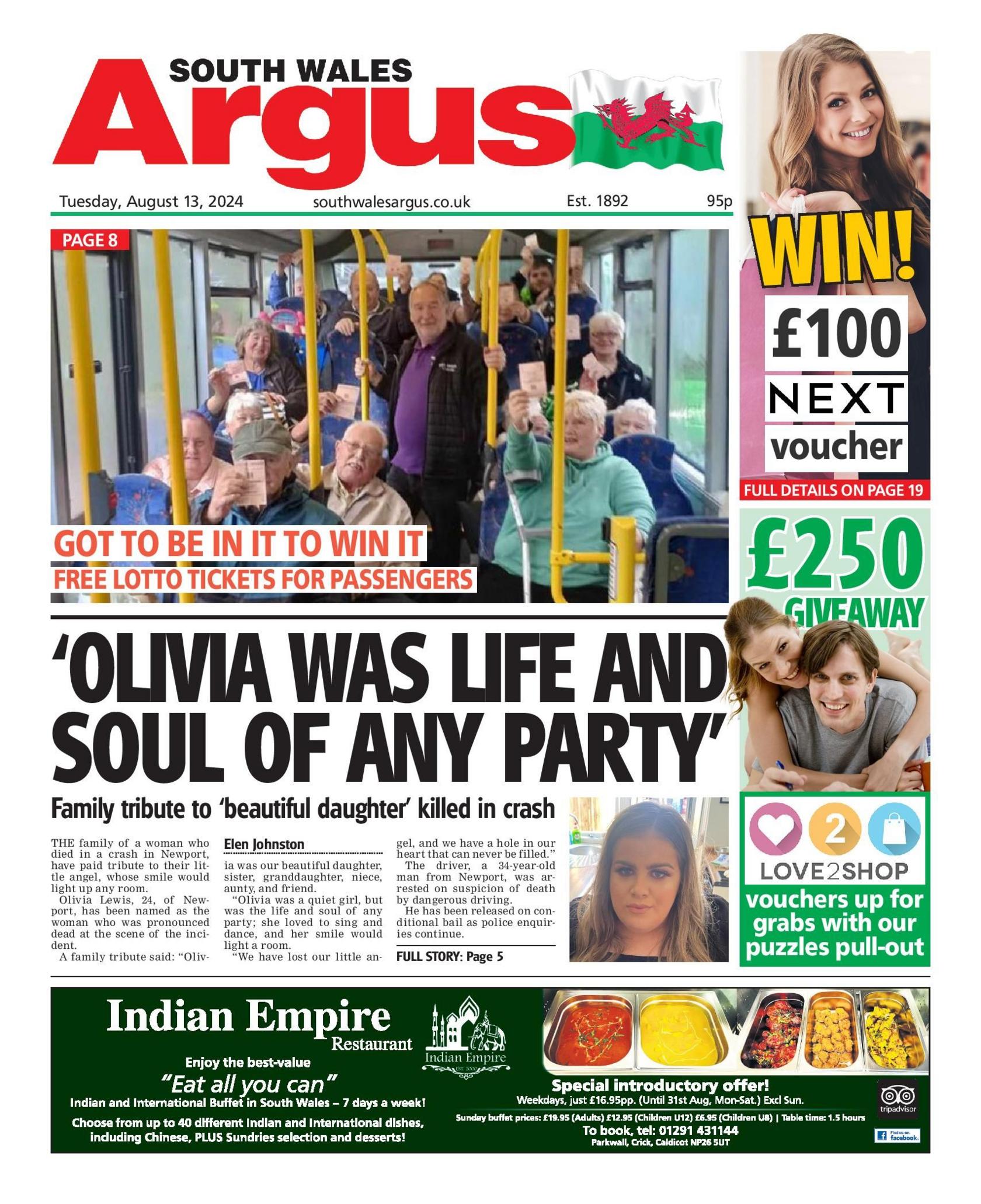 Front page of the South Wales Argus