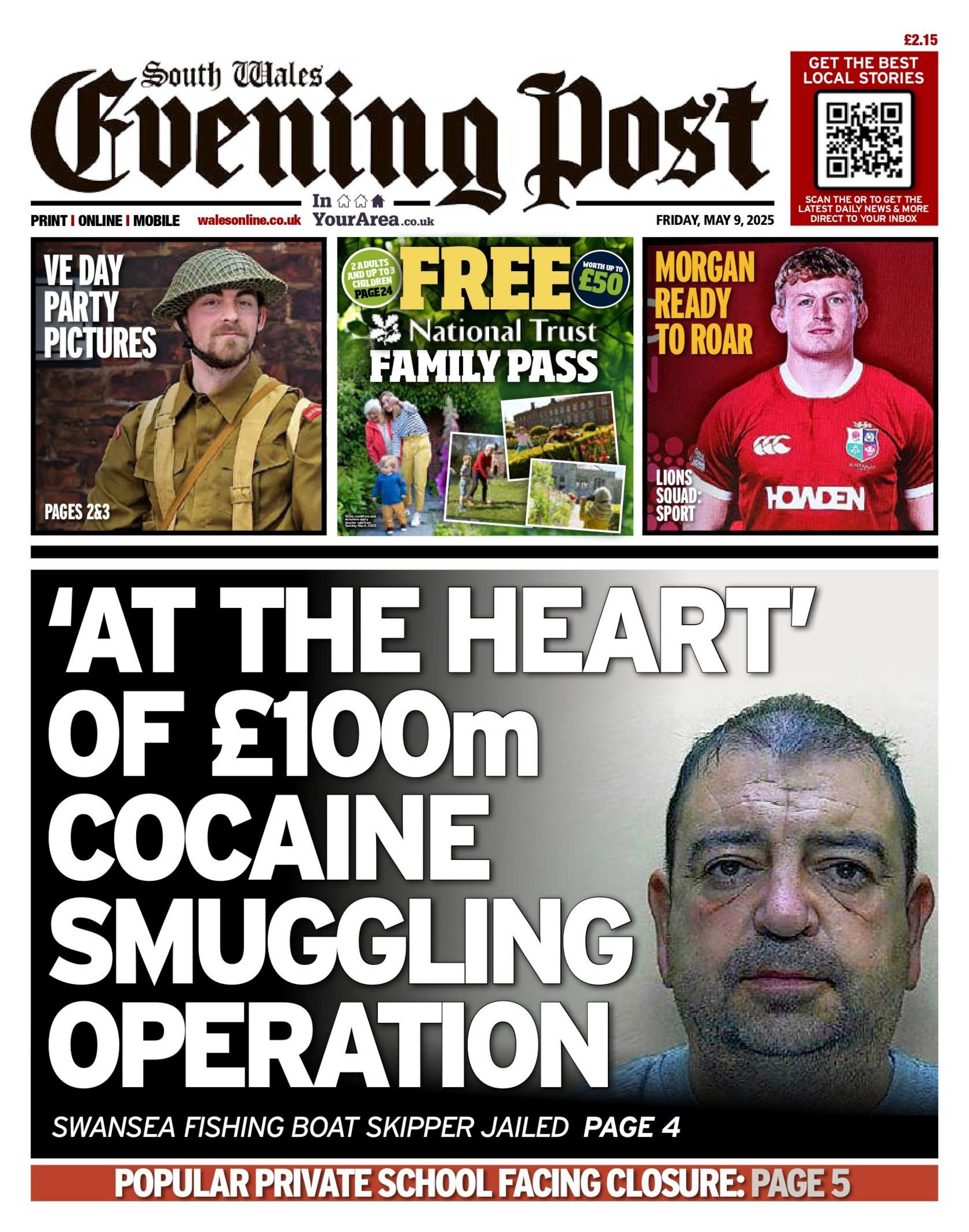 The front page of the South Wales Evening Post shows a mug shot of a cocaine smuggler, with a shaved head and beard shadow and the headline at the hear of the one hundred million cocaine smuggling operation