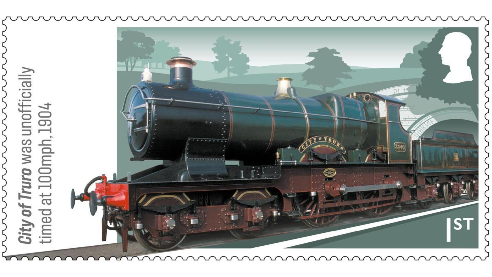 A first-class stamp depicts the blue and maroon metal City of Truro. Text on the stamp reads: "City of Truro was unoffically times at 100mph, 1904."
