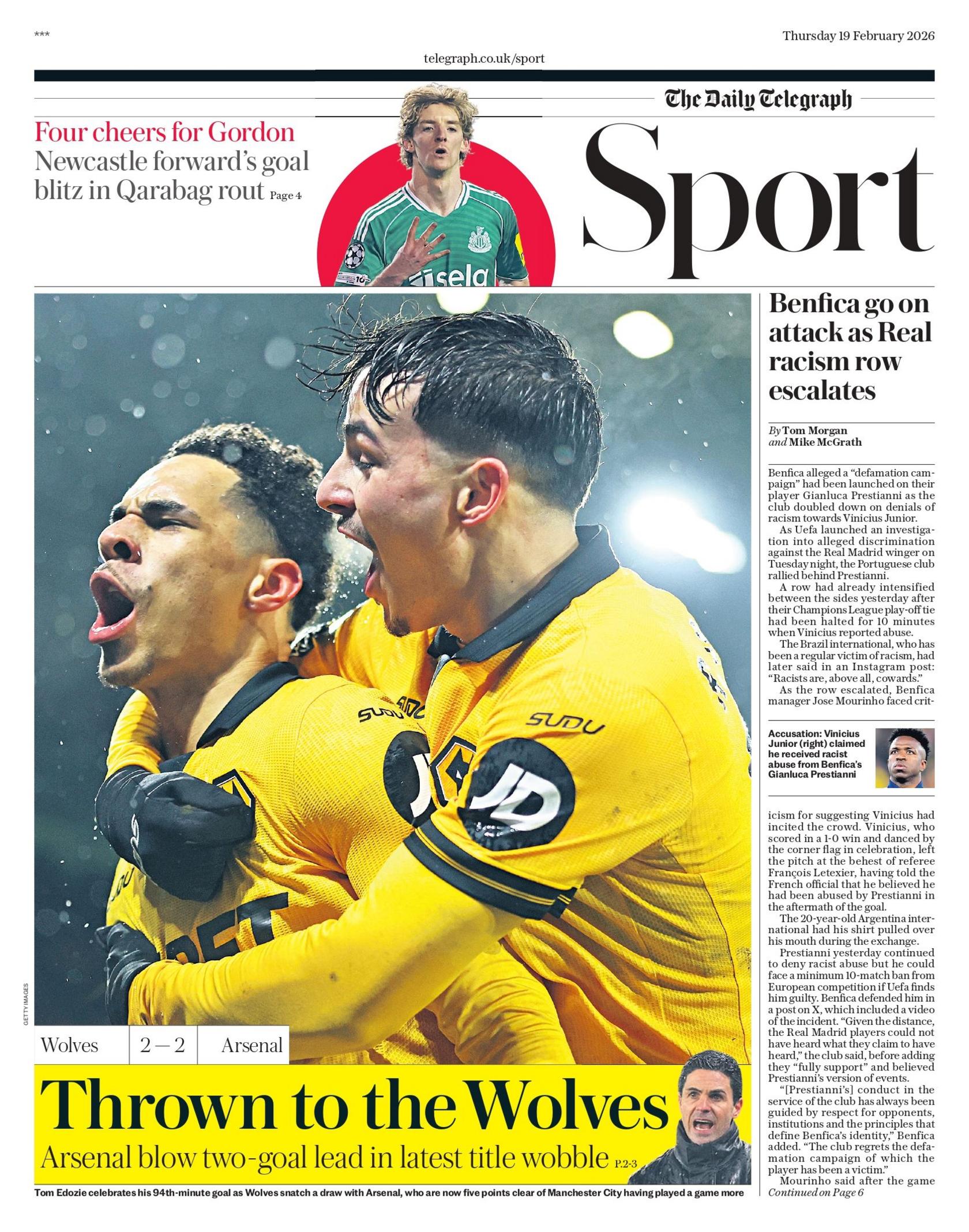 Lead sport page of the Daily Telegraph on 19 February 2026
