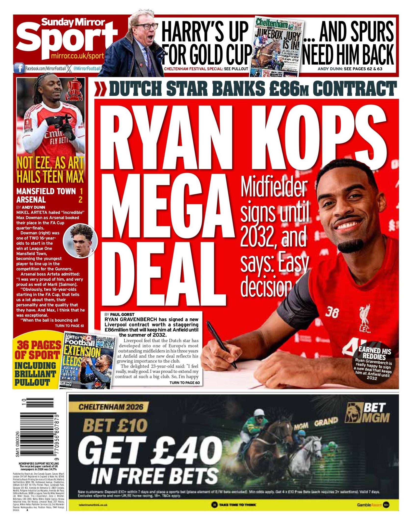 Sunday Mirror back page with the main headline "Ryan kops mega deal"