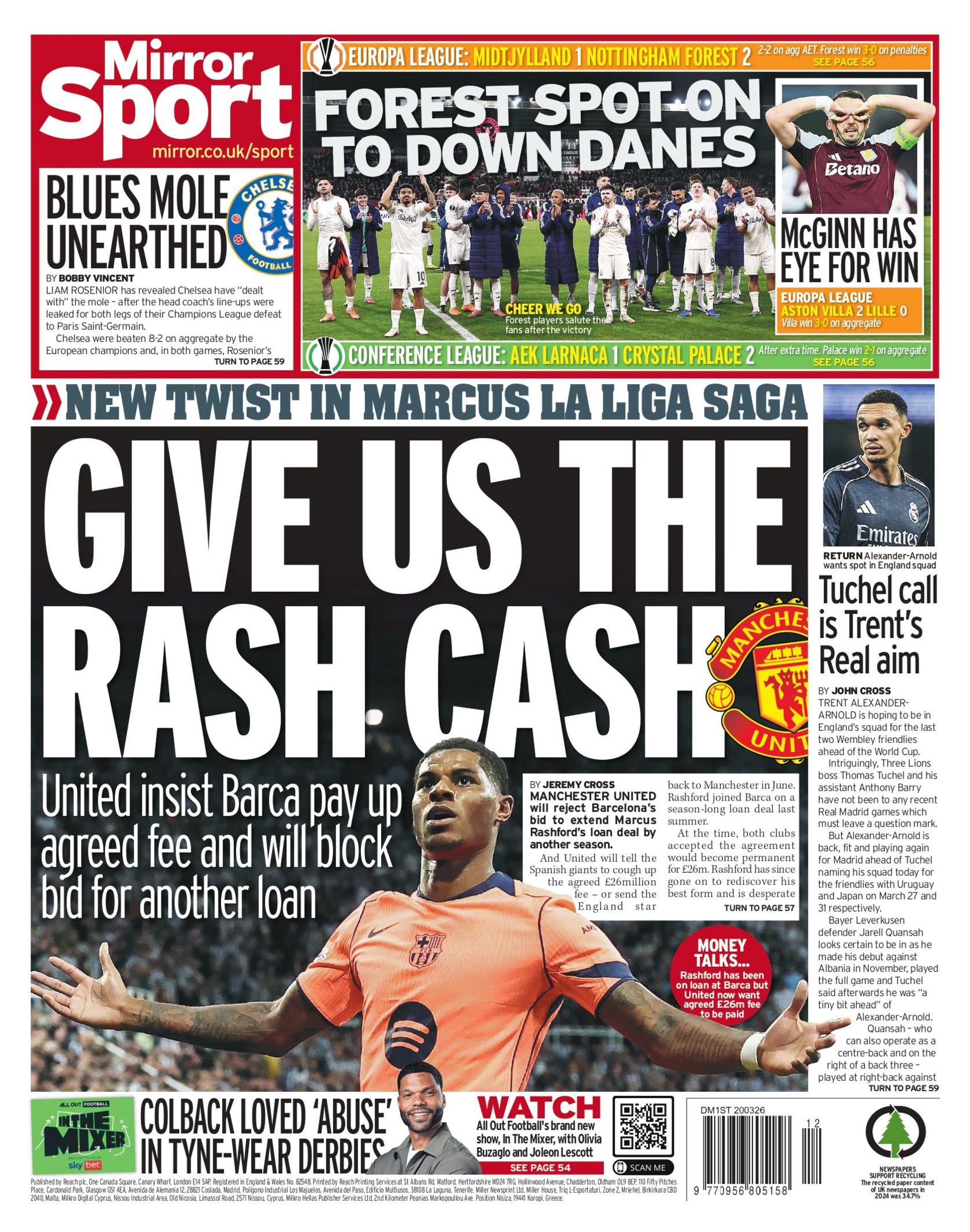 Back page of the Mirror with the headline "Give us the Rash cash".