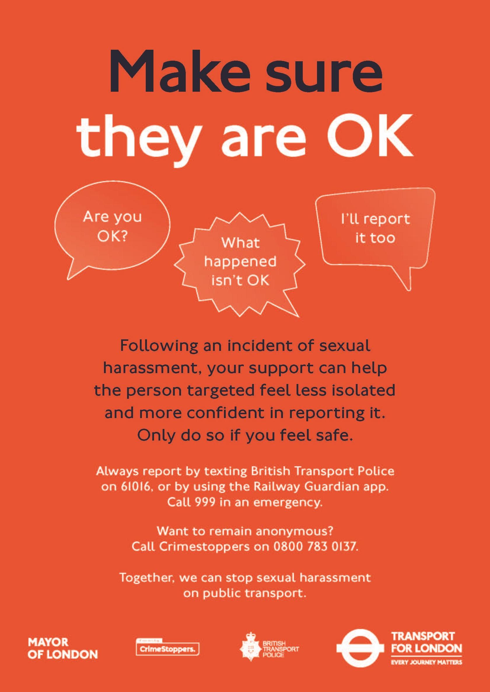 TfL Poster reads 'make sure they are OK' with text stating 'following an incident of sexual harassment 