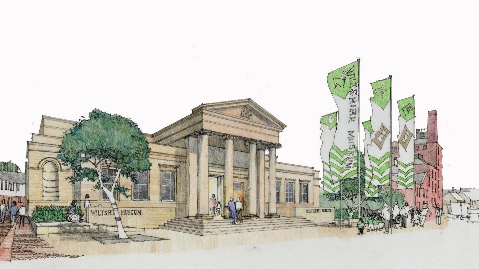 An artists impression of the outsie of the court, showing some people on the steps. It is a georgian building, with columns by the entrance and green flags outside in the courtyard