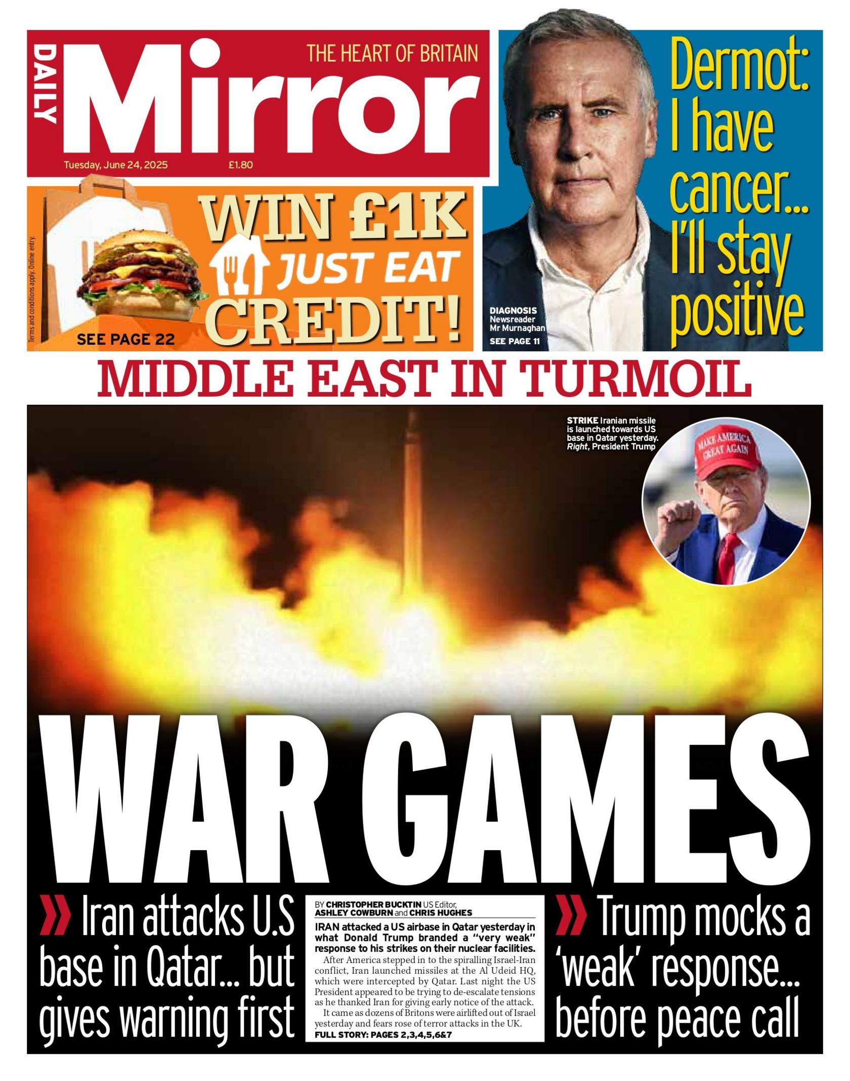 "War games" reads the headline on the front page of the Daily Mirror.