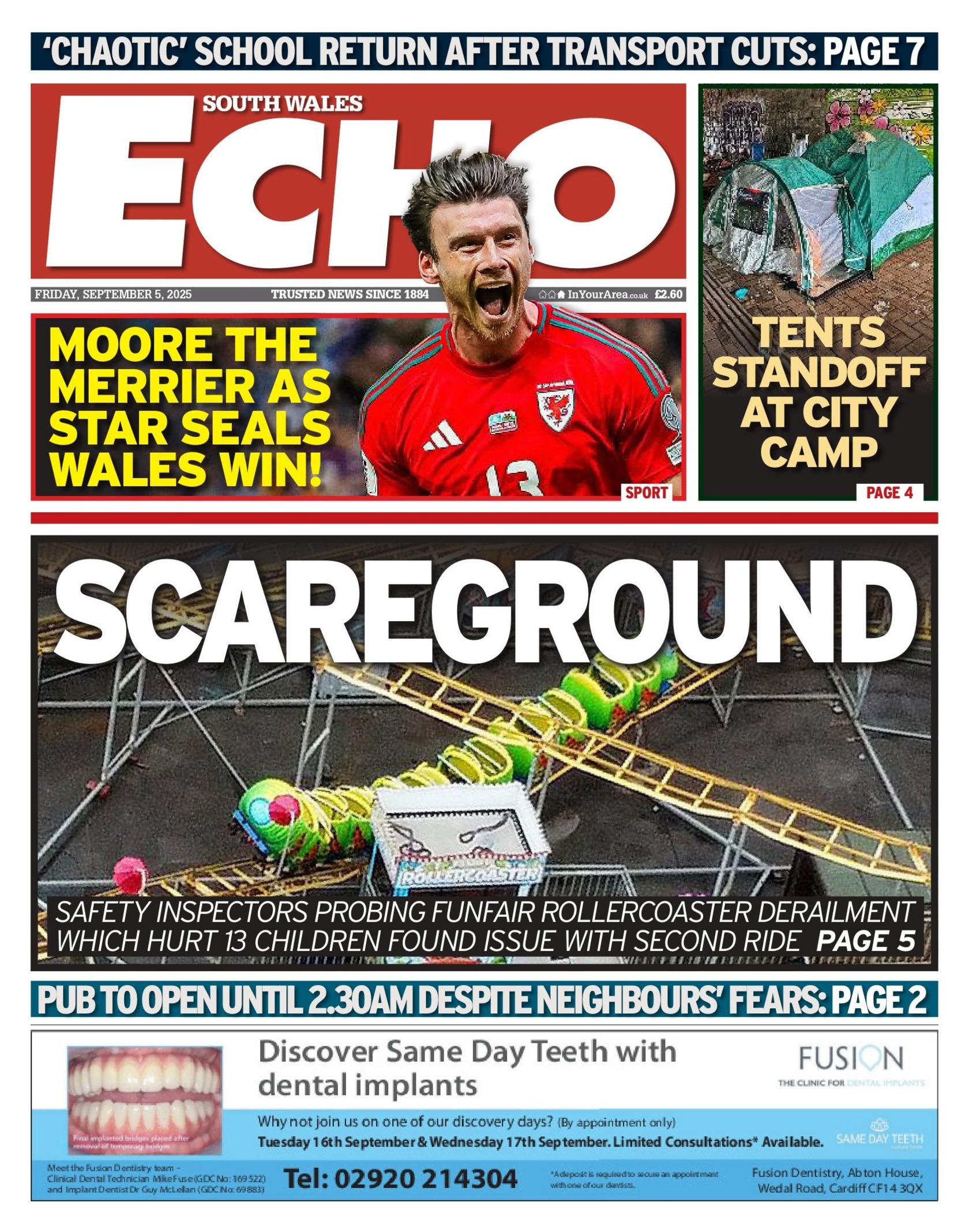 The main image on the page is a rollercoaster with bold text above it saying 'scareground' and there are two images above it, (left to right) the first saying 'moore the merrier as star steals wales win', with an image of Keiffer Moore in a red Wales football kit, and the second says 'tent standoff at city camp', with a picture of a tent.