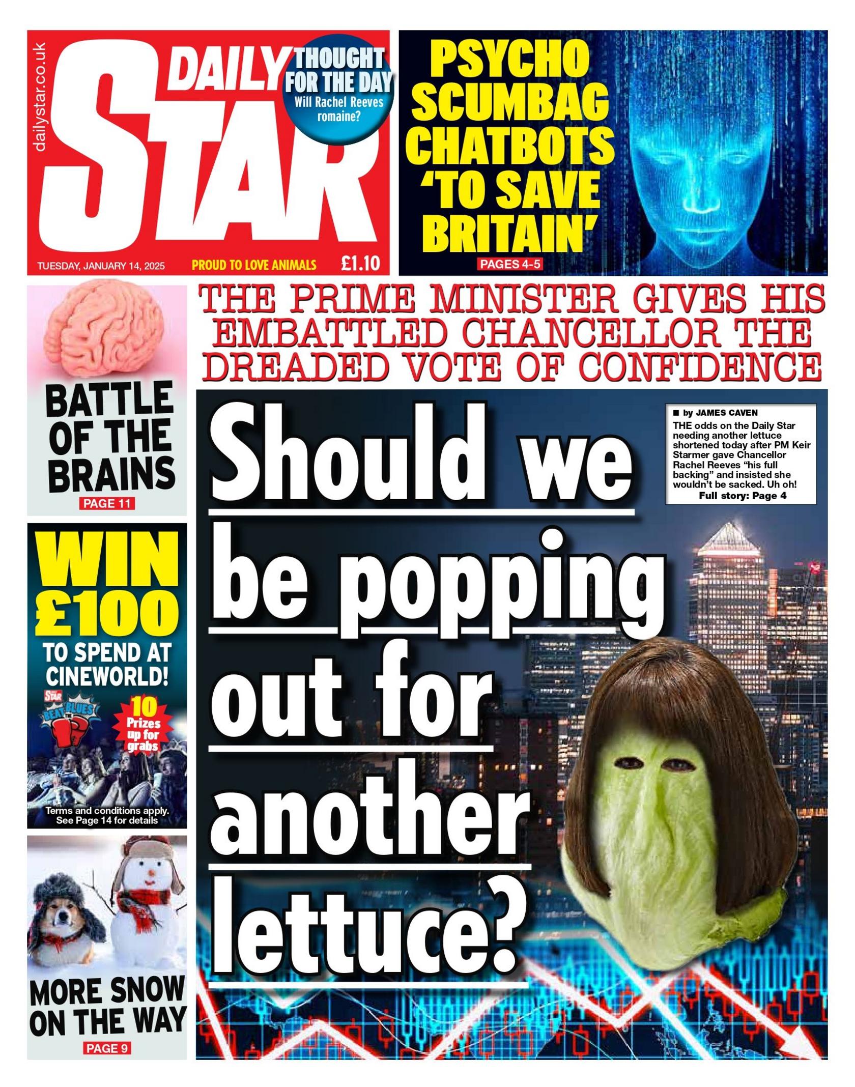 The headline on the front page of the Daily Star reads: "Should we be popping out for another lettuce?"