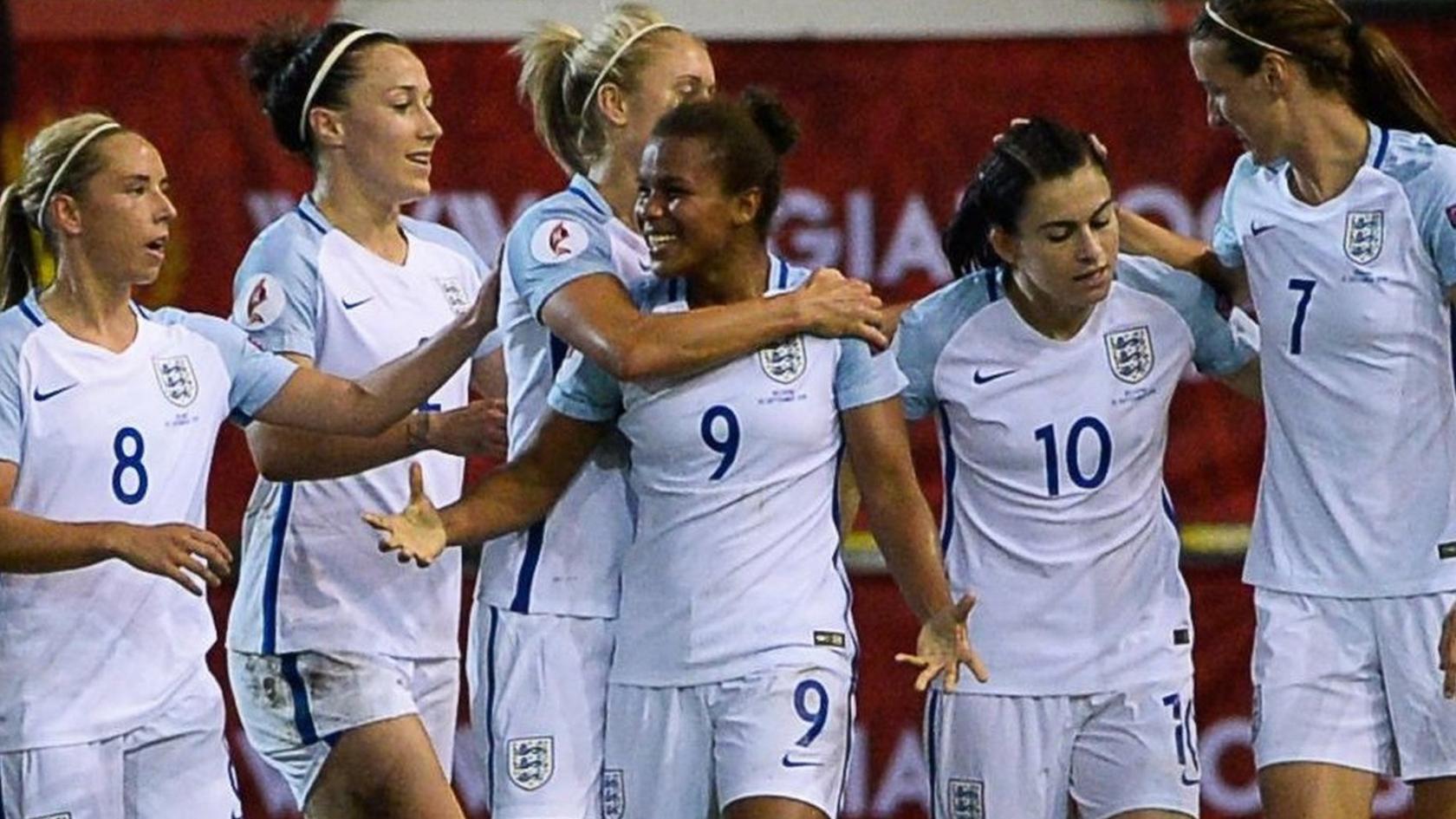 Nikita Parris celebrates scoring for England