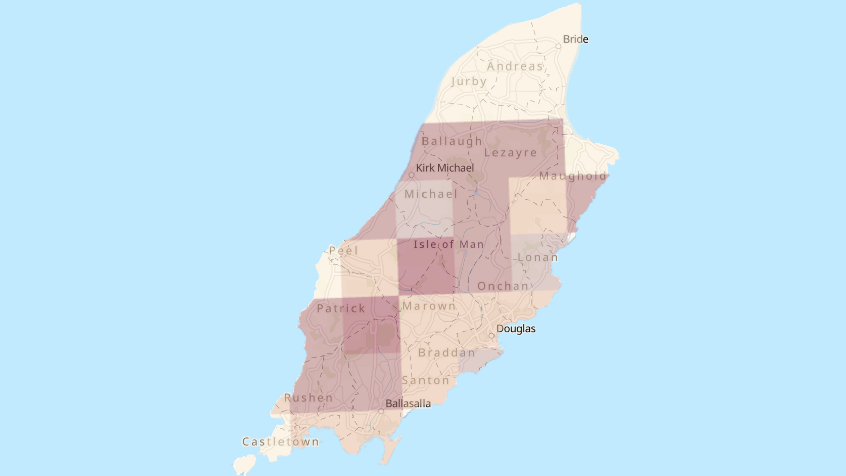 A map of the Isle of Man, red squares delineate higher levels of Radon, particularly in the Patrick, Rushen, Ballasalla areas as well as in Ballaugh, Lezayre, Maughold, Kirk Michael and Onchan areas, Jurby and Ramsey, Jurby and Castletown are not red.