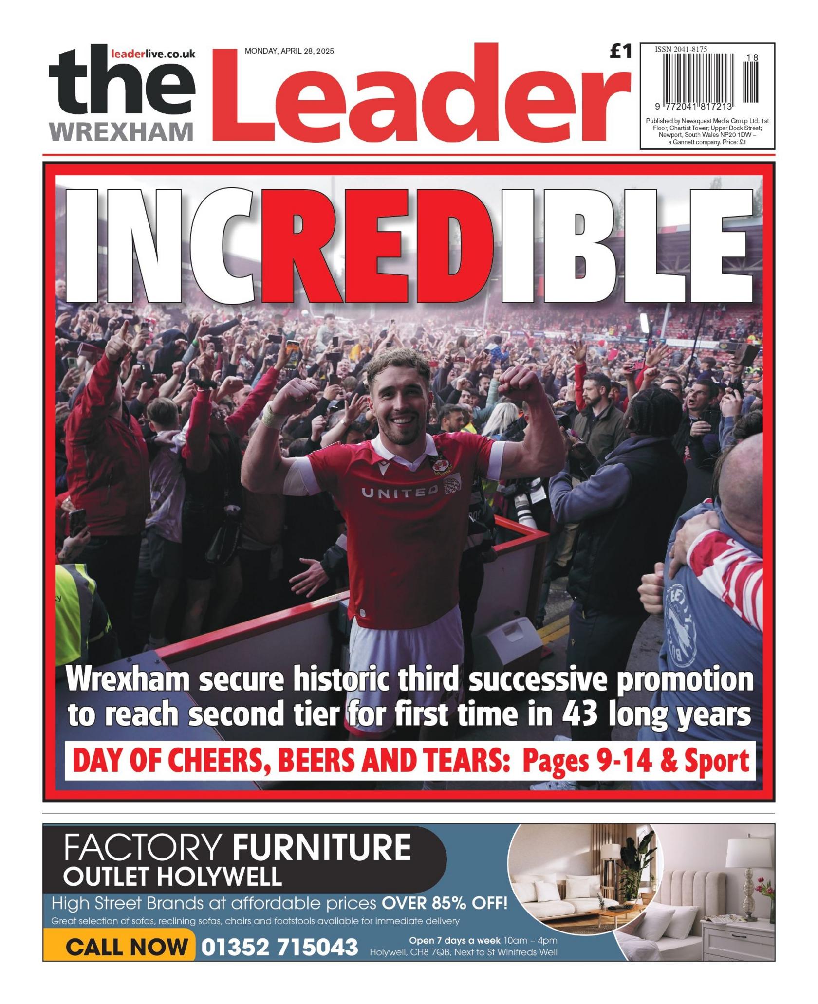 Front page of the Wrexham Leader shows a Wrexham footballer celebrating with supporters behind and the word Incredible.