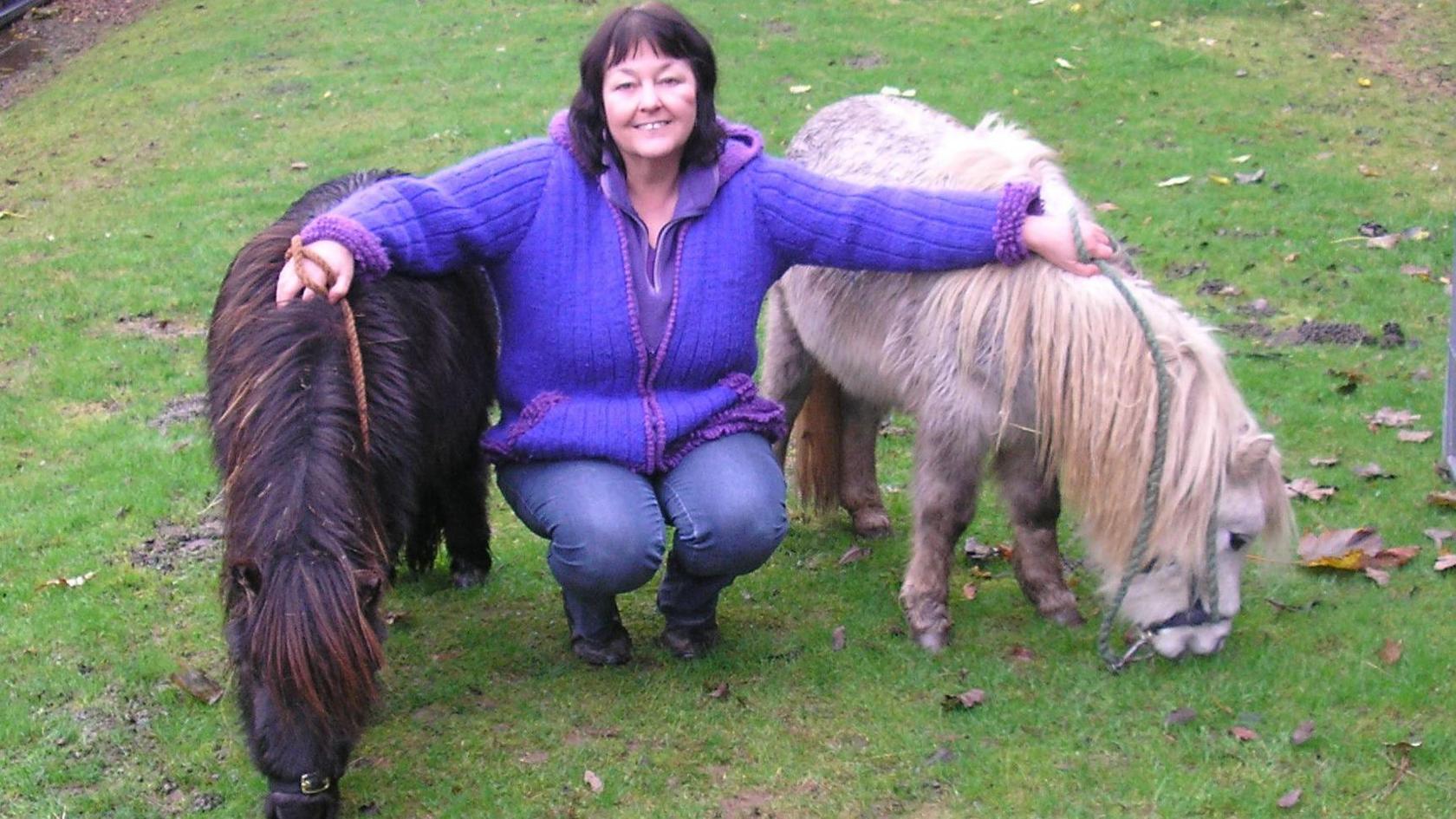 A dark-haired woman in a purple fleece and blue jeans, crouching down in field and resting her hands on two Shetland ponies, one black and one white.