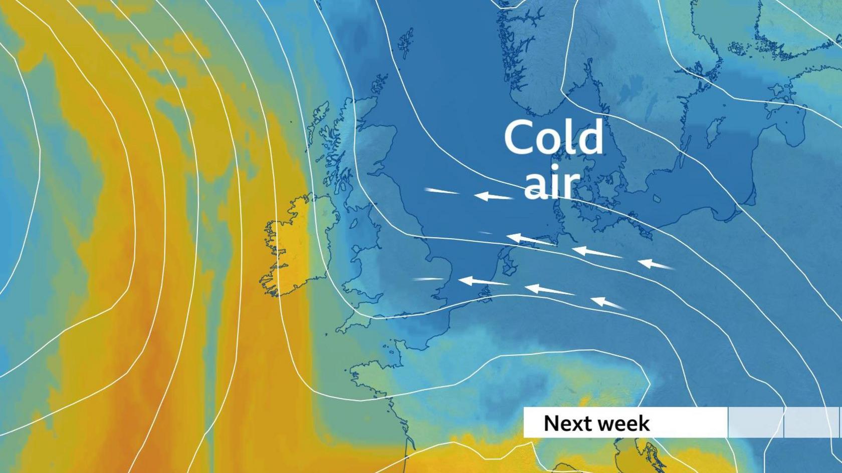 Airmass graphic showing blue colours to east with wind arrows coming to the UK from northern Europe. Milder air shown by orange colours to the west of the UK.