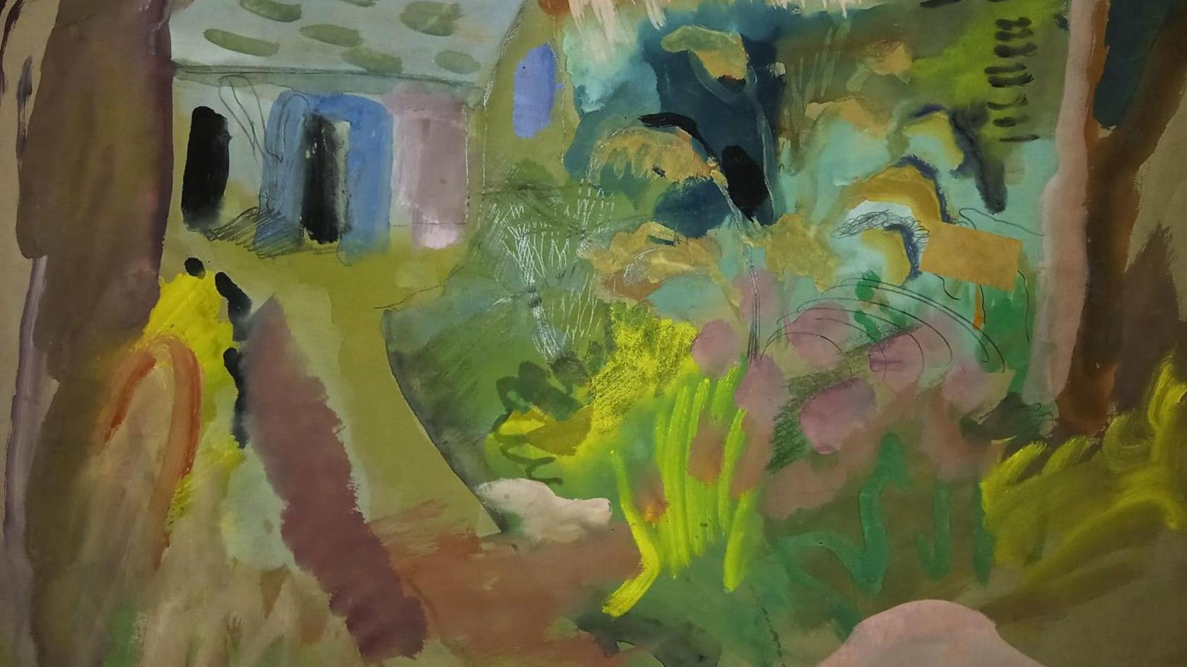 A painting of a garden scene in vivid colours including shades of green, yellow, pink, cream and brown. It is in a loose impressionistic style and shows a path on the right leading to a blue doorway, while on the left if a blowsy flower bed.