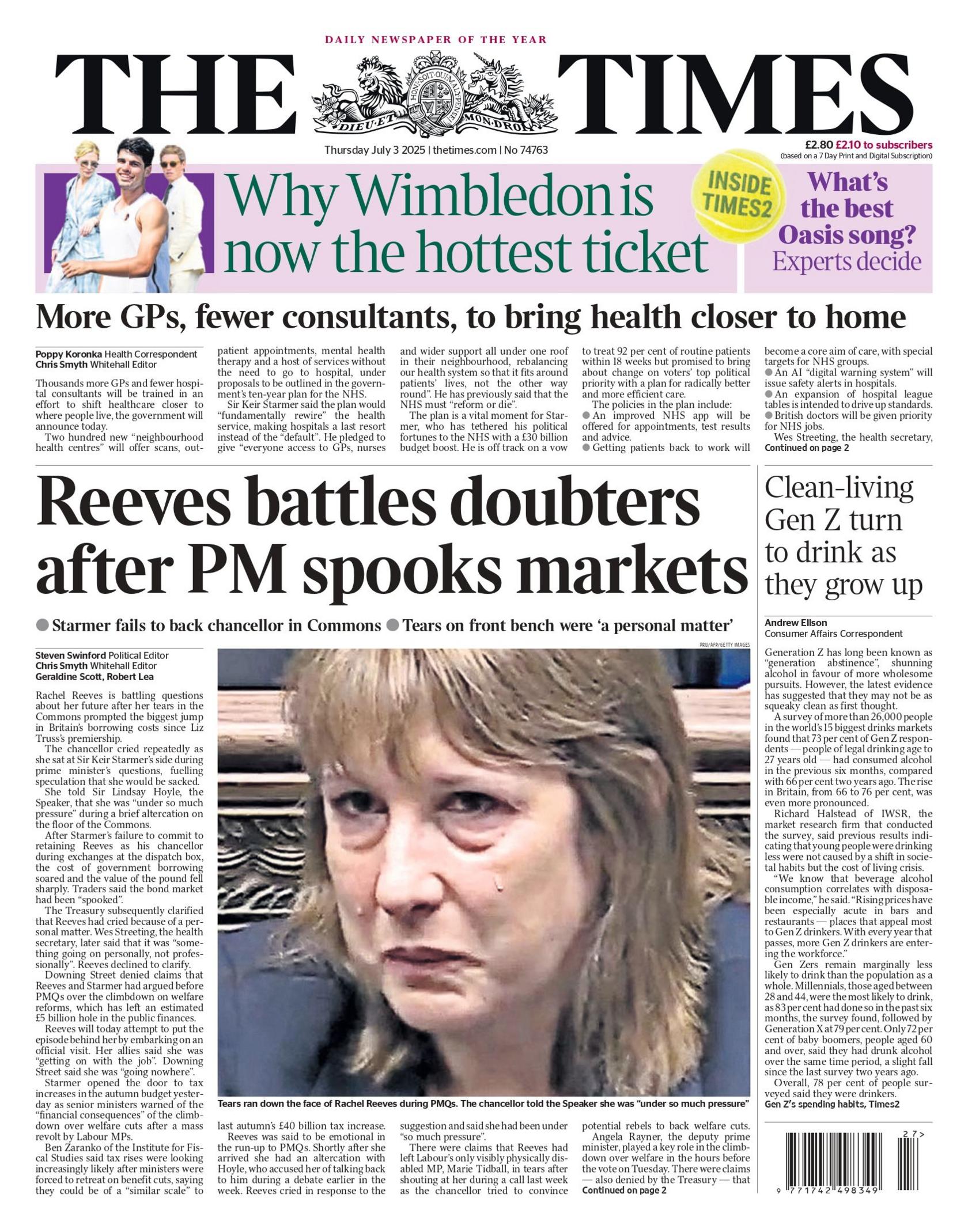"Reeves battles doubters after PM spooks markets" reads the headline on the front page of The Times.