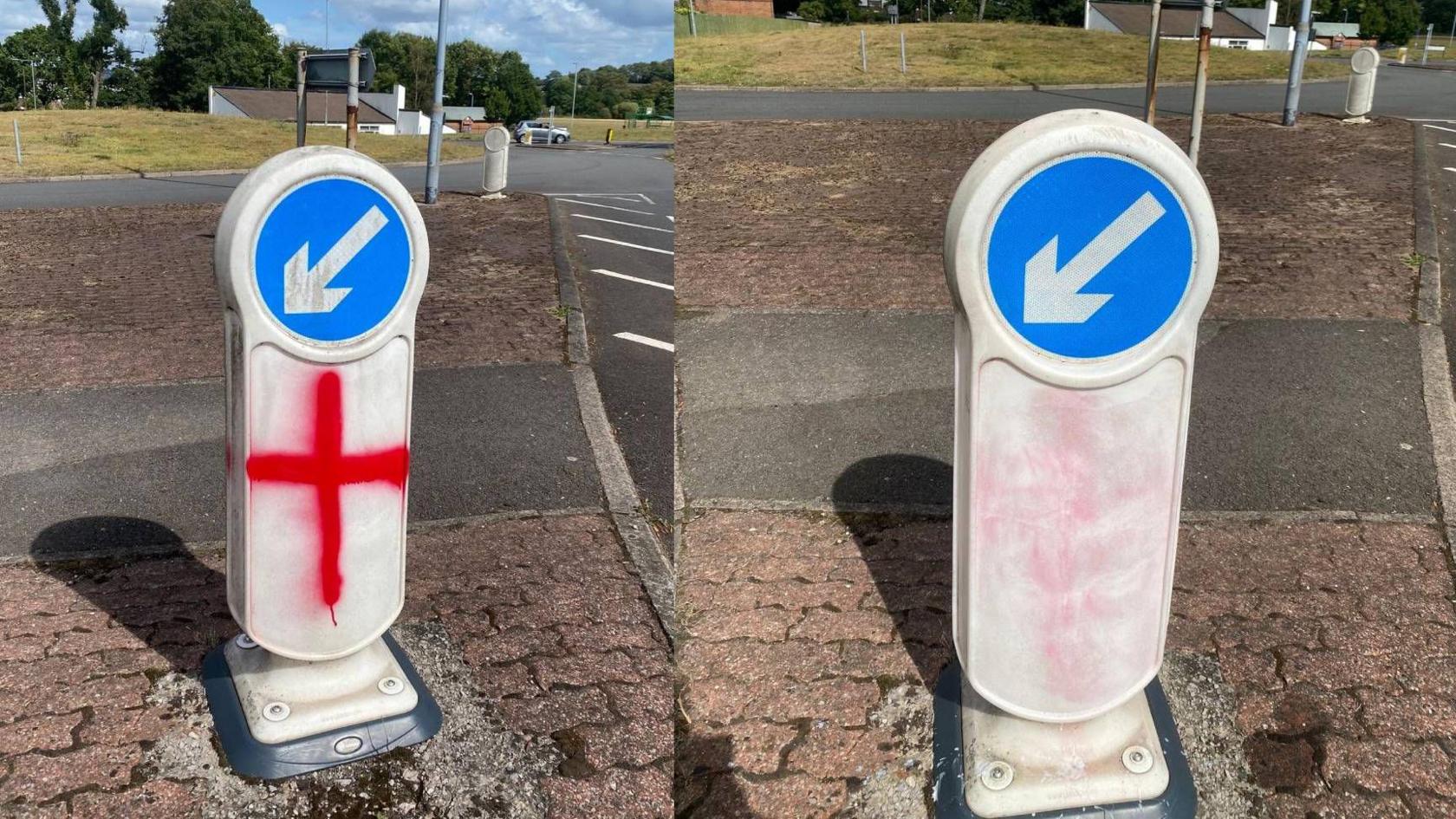 Photograph shows a collage side-by-side of a white road bollard. The left photo shows the England flag upon the bollard, while the right hand side photo shows it after it has been scrubbed off.