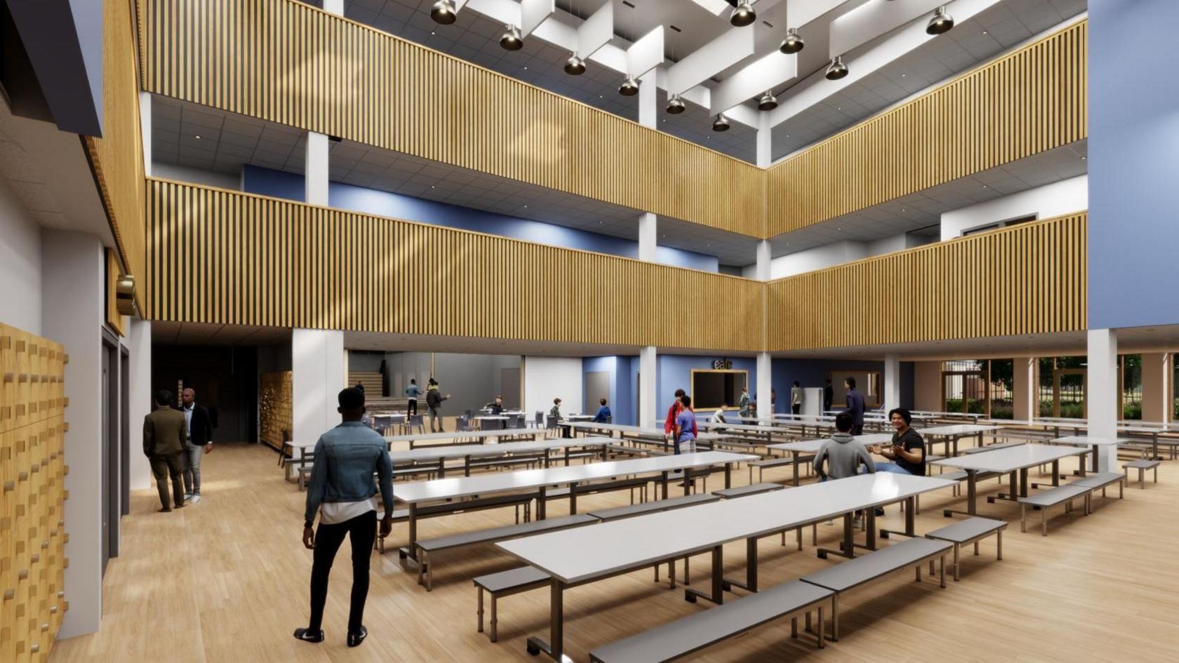 An artist's computer generated impression of the dining room area showing a large open area with long tables and benches