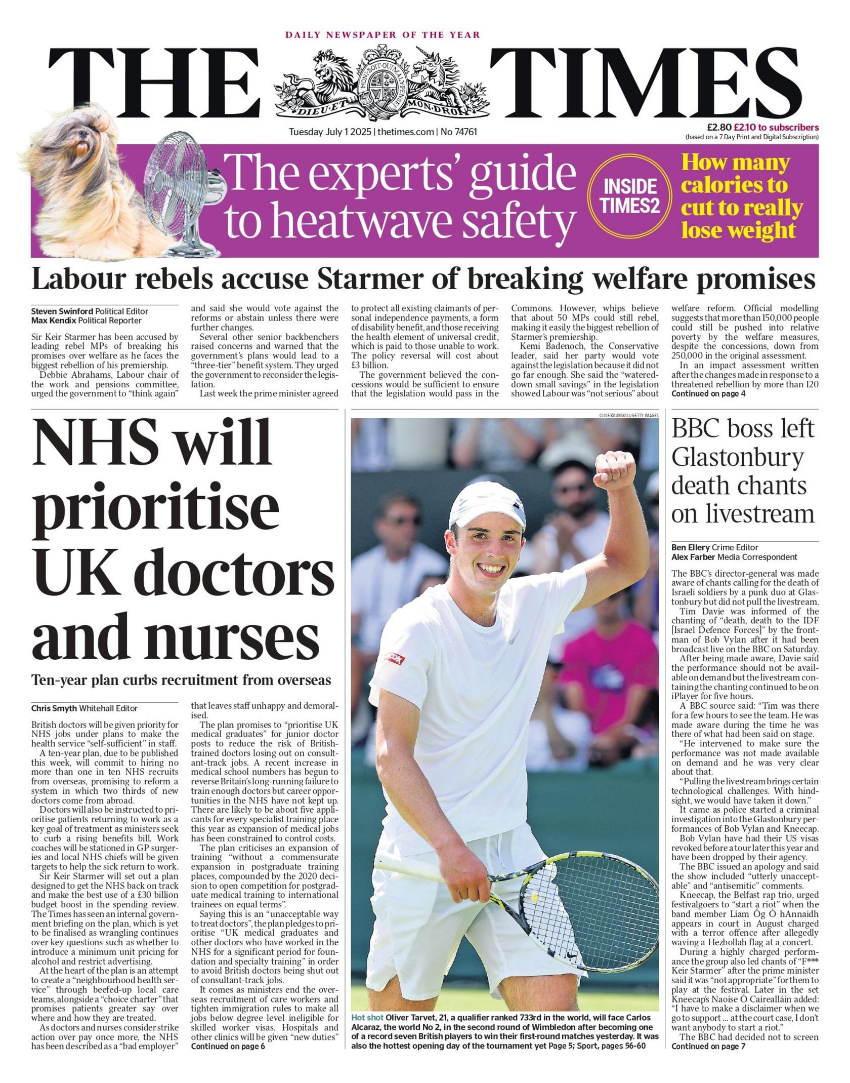 "NHS will prioritise UK doctors and nurses" reads the headline on the front page of The Times.
