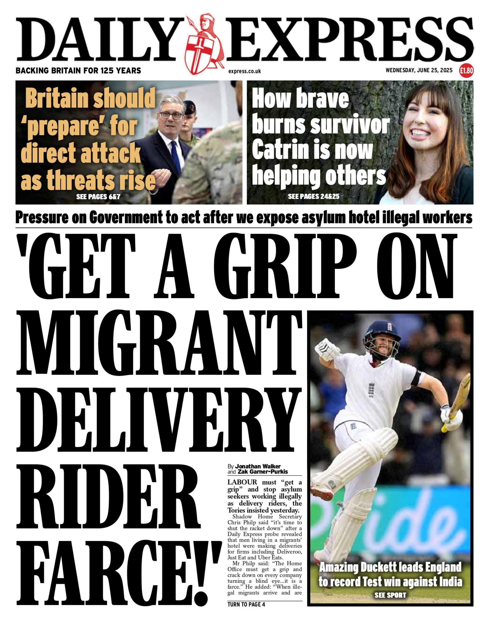 "Get a grip on migrant delivery rider farce!" reads the headline on the front page of the Daily Express.