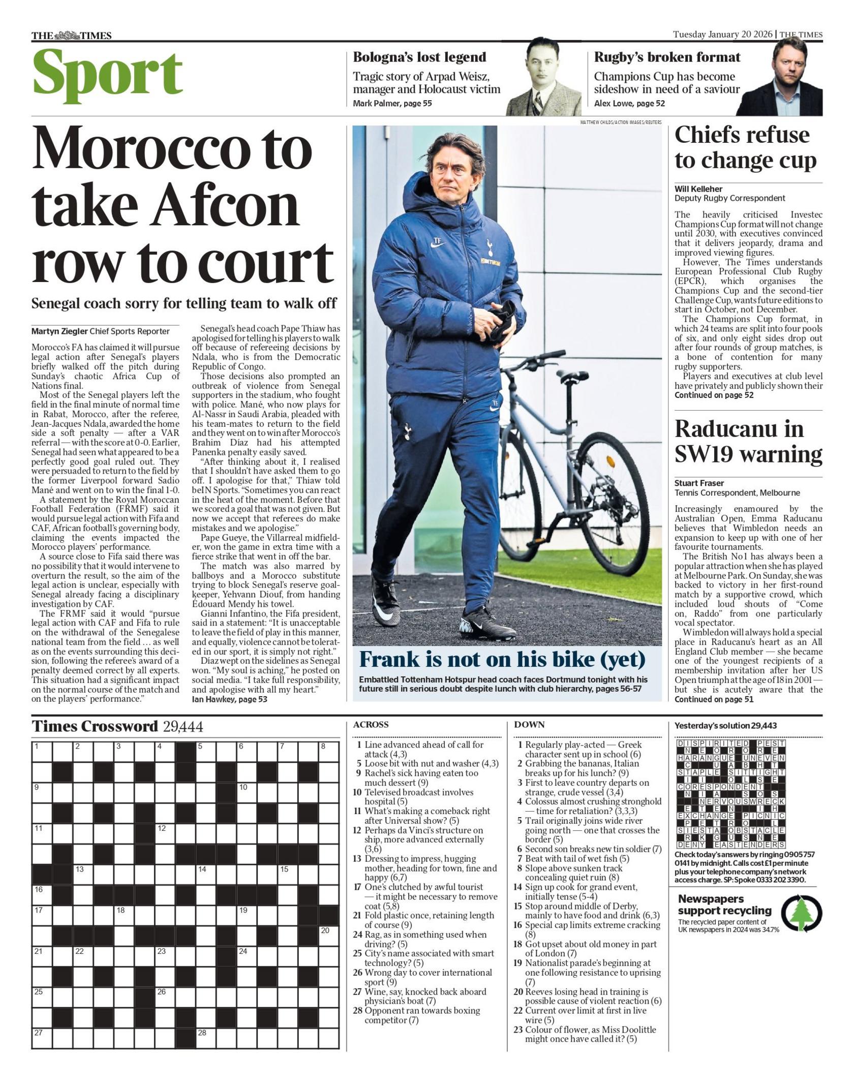 Back page of the Times with the main headline reading"Morocco take Afcon to court" and a photo of Thomas Frank