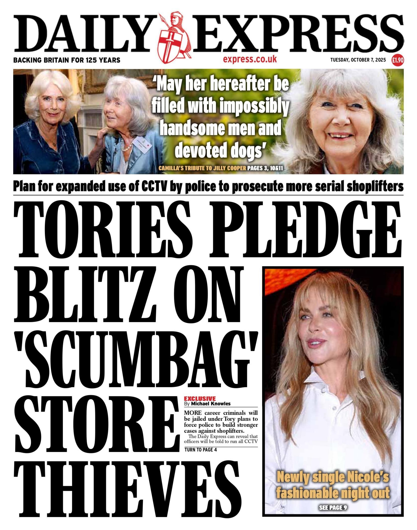 "Tories pledge blitz on 'scumbag' store thieves" reads the headline on the front page of the Daily Expres.