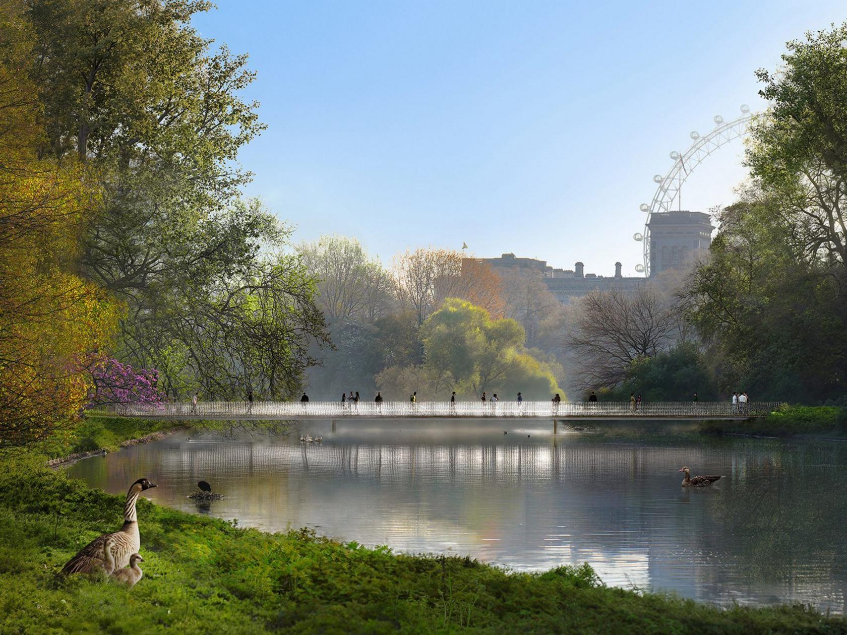 A drawing of a transparent bridge across St. James's Park Lake.