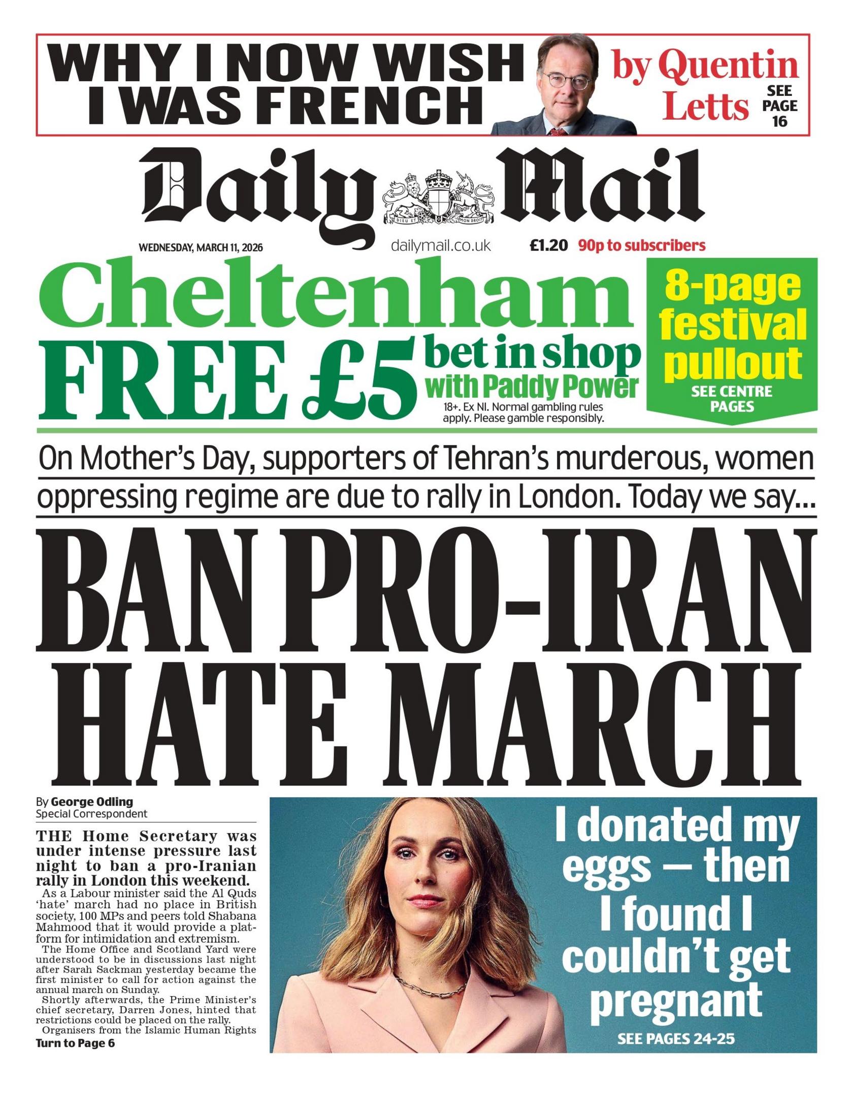 “Ndaloni marshimin e urrejtjes pro-Iranit”, shkruhet në titullin kryesor të faqes së parë të Daily Mail.