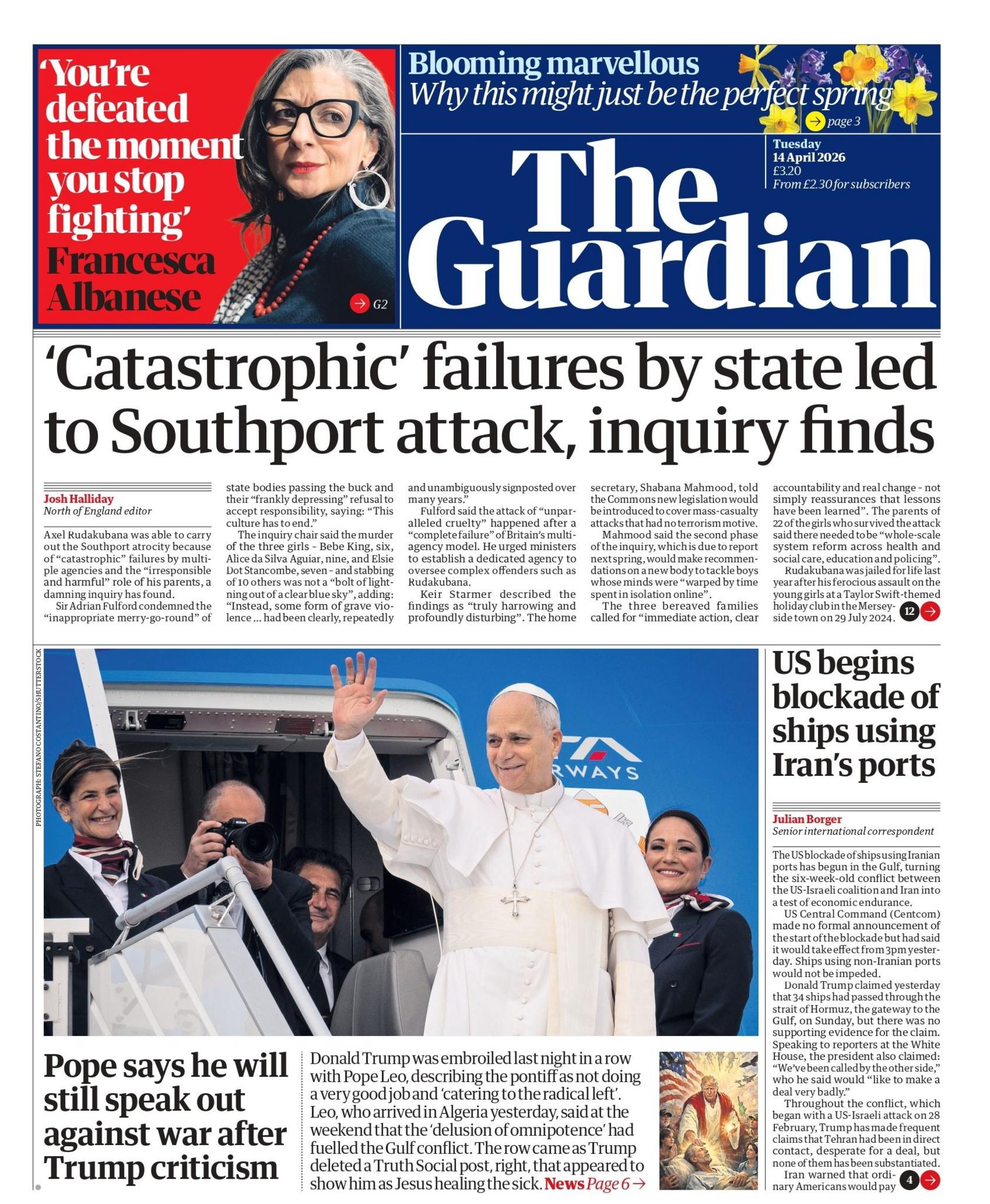 "Hetimi zbulon se dështimet 'katastrofike' të shtetit çuan në sulmin në Southport", thuhet në titullin kryesor në faqen e parë të gazetës Guardian.