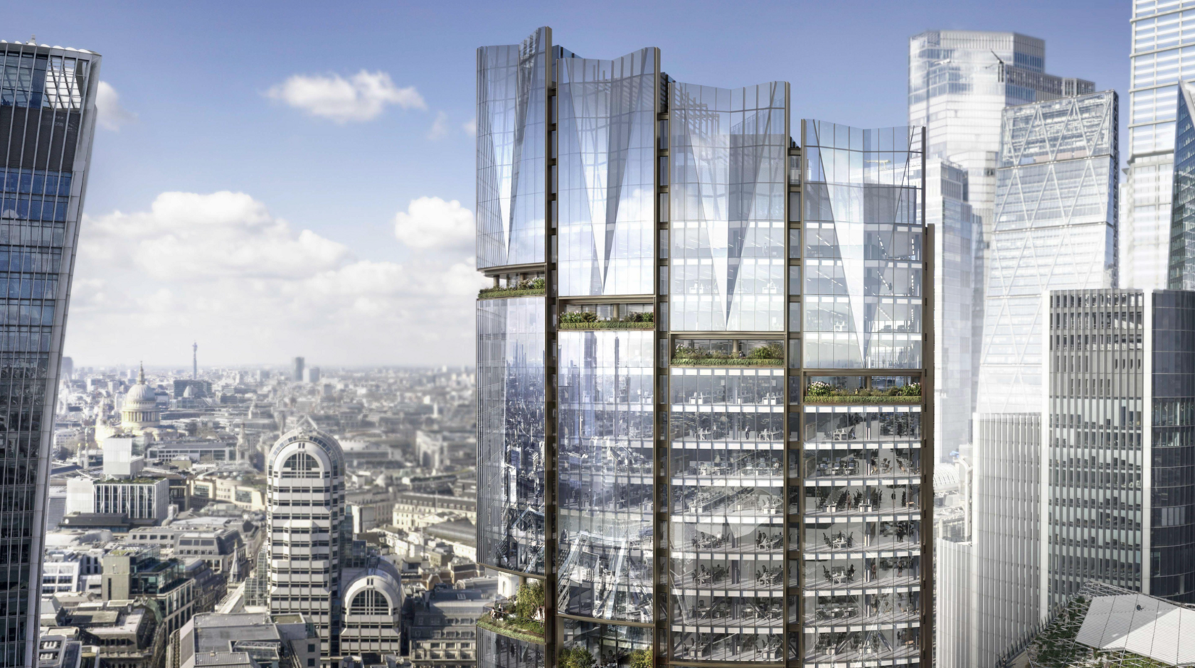 A architectural visualisation of a glass-walled sky scraper is nestled among other tall buildings in London, including the well-known Walkie-Talkie, Scalpel and Leadenhall "Cheese Grater" buildings