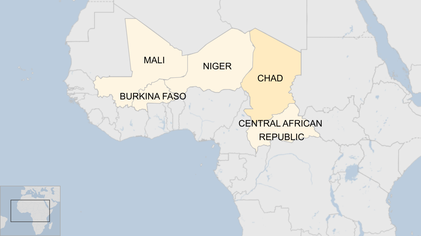 Map showing Burkina Faso, Mali, Niger, Chad and Central African Republic