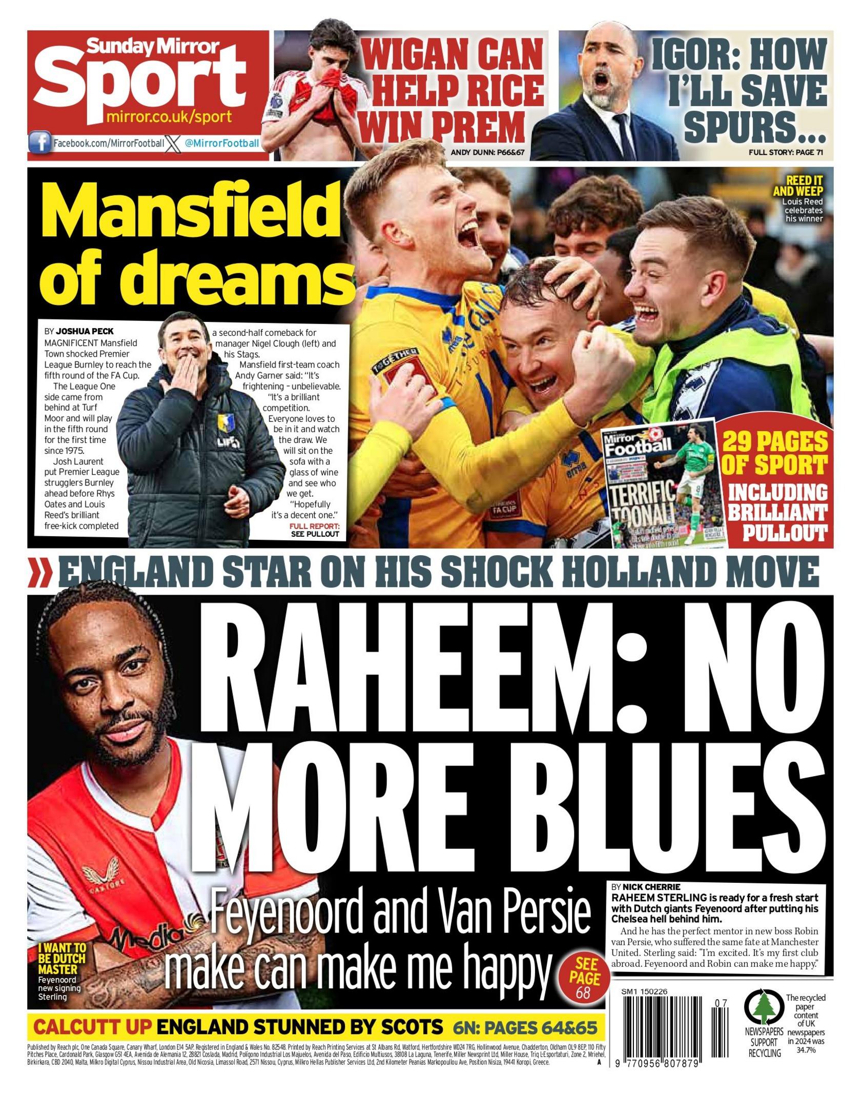 The Mirror's backpage. The main headline is "Raheem: No more blues" alongside a picture of Raheem Sterling.