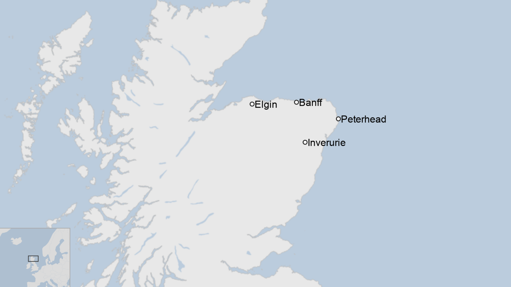 Map showing locations of Elgin ,Banff, Peterhead and Inverurie 