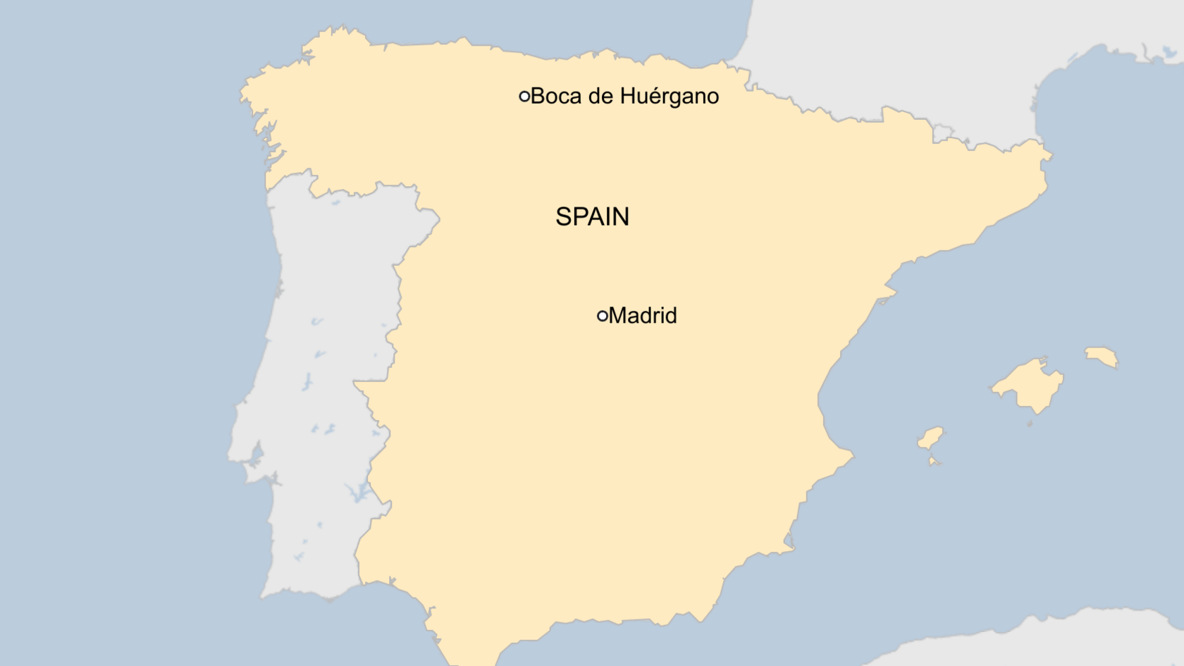A map of Spain showing the locations of Madrid and Boca de Huergano