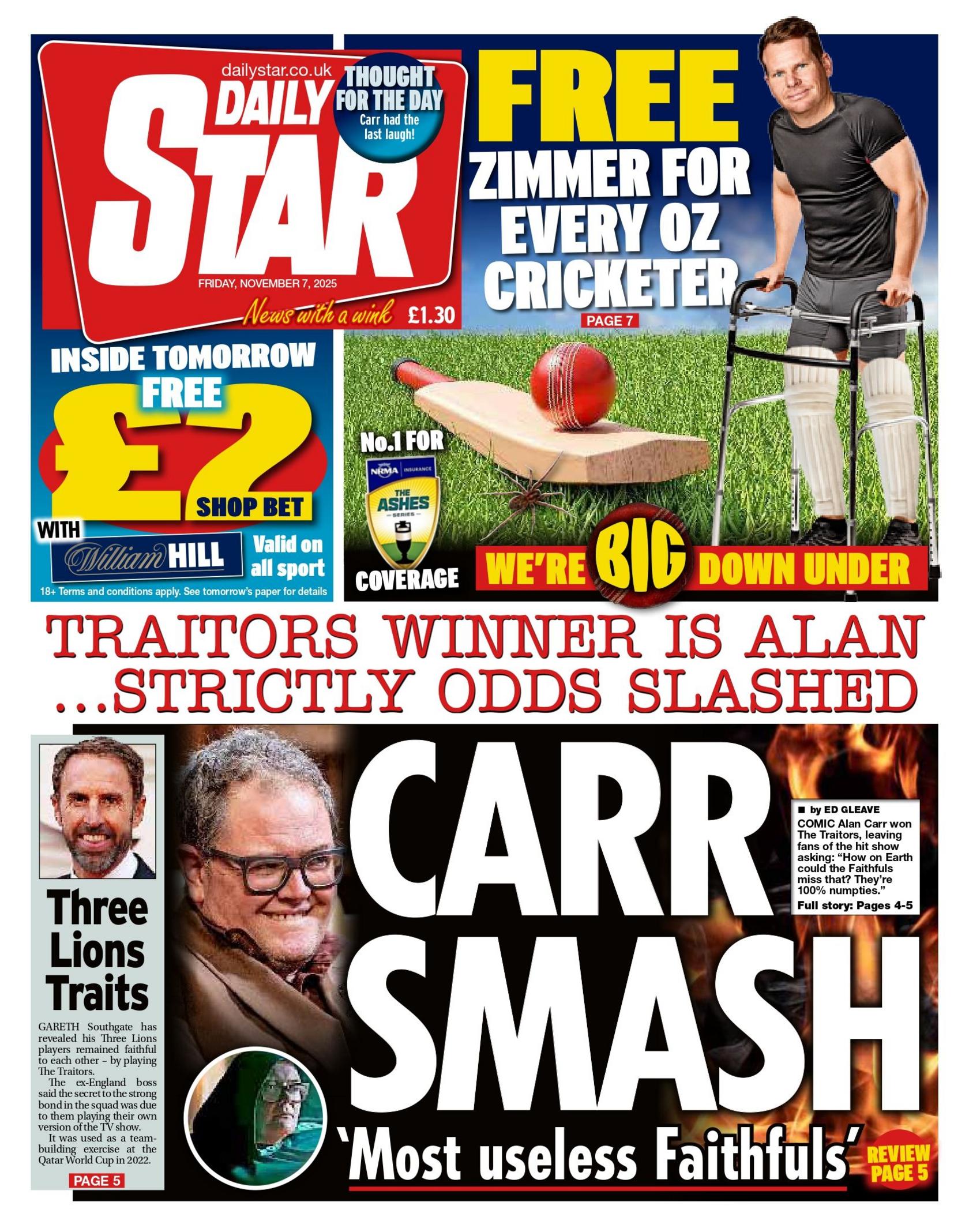 "Traitors winner is Alan... strictly odds slashed," reads the headline on the front page of the Daily Star