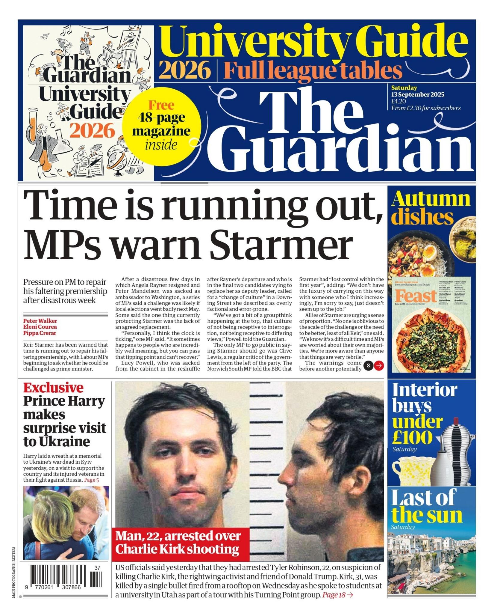 The headline on the front page of the Guardian reads: "Time is running out, MPs warn Starmer."