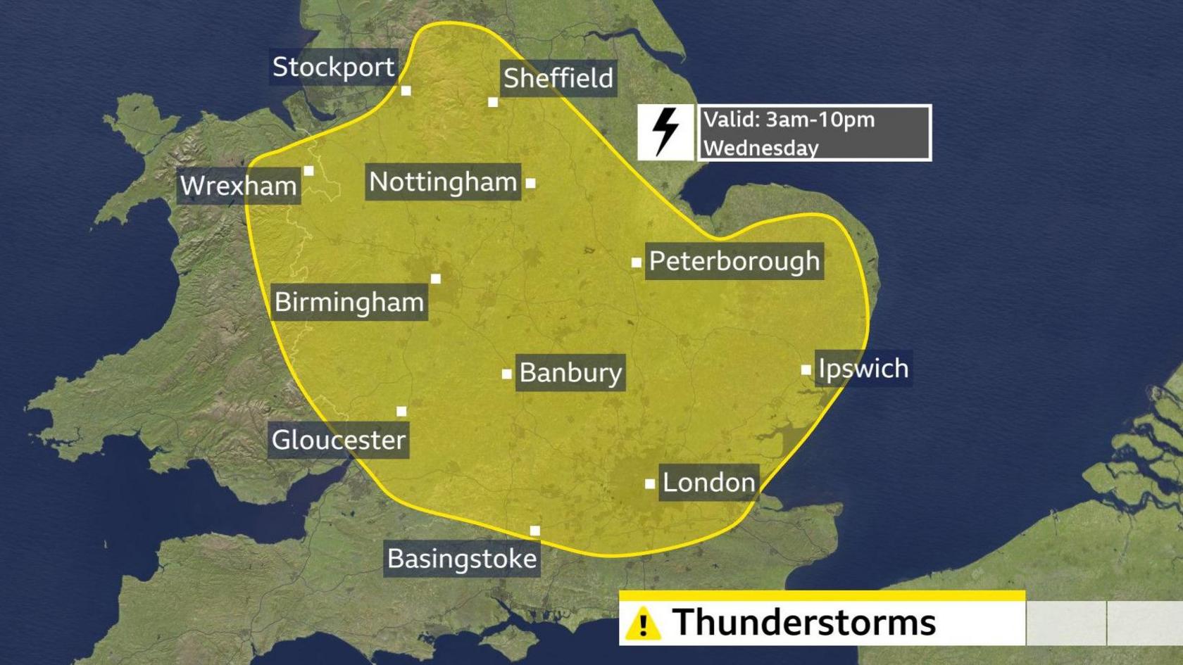 A weather map showing the yellow thunderstorm warning area for Wednesday, covering Stockport, Sheffield, Wrexham, Nottingham, Peterborough, Birmingham, Banbury, Ipswich, Gloucester, London and Basingstoke