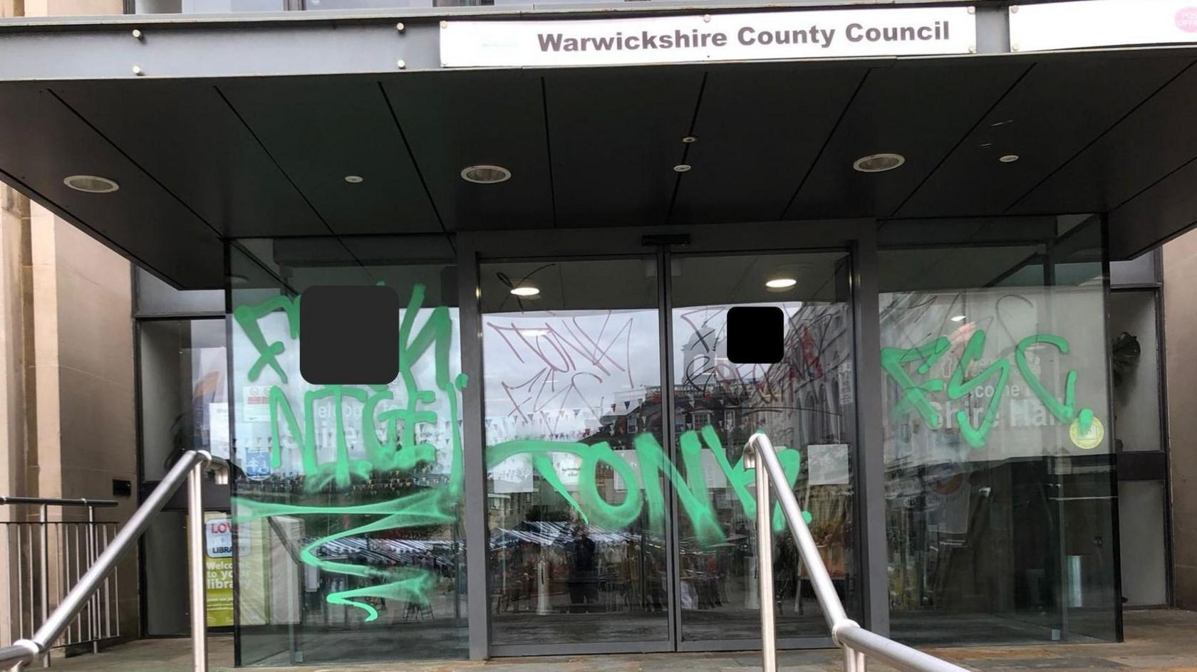 A general view of the front of Shire Hall after graffiti was painted on it.