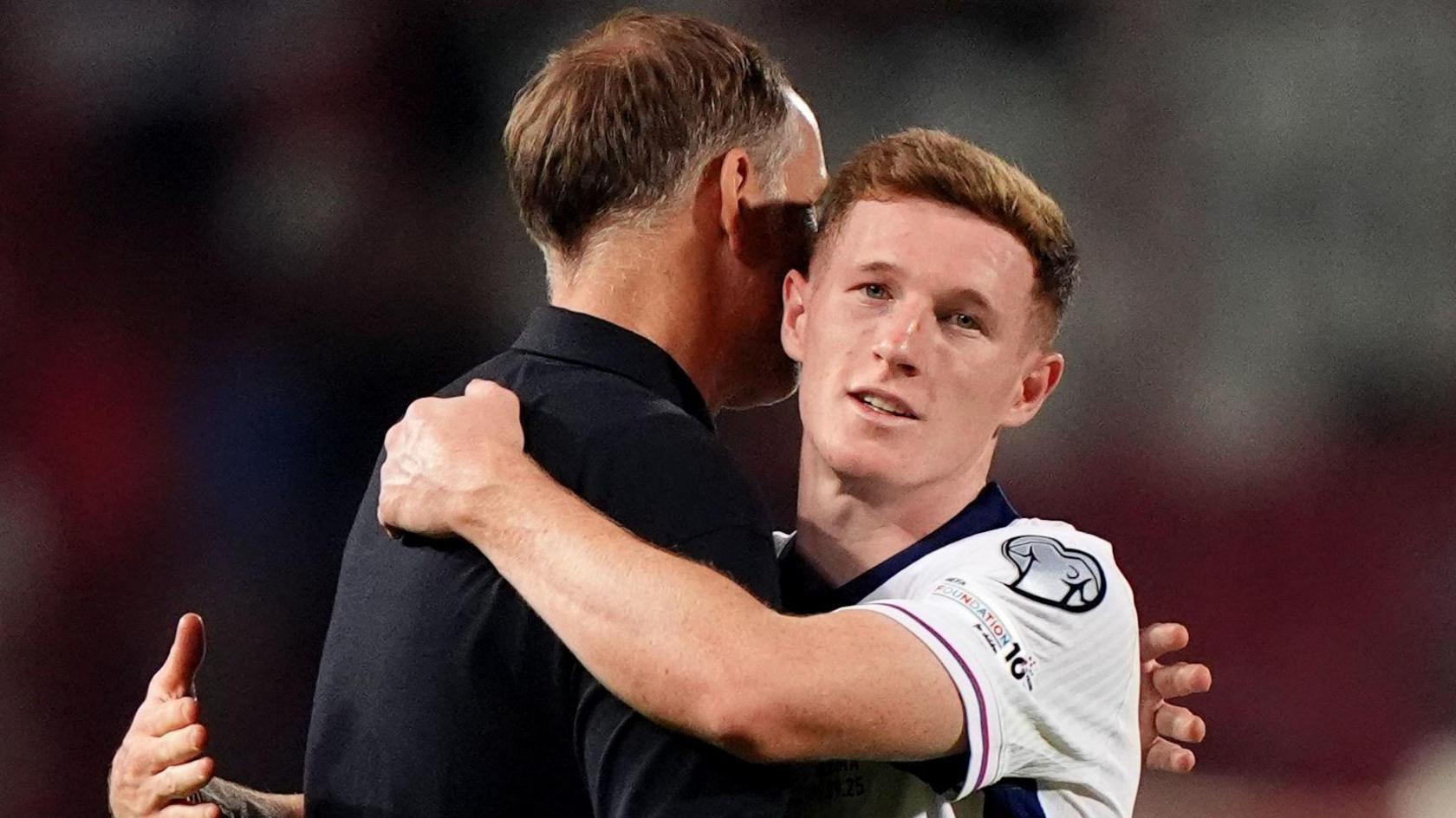 England head coach Thomas Tuchel congratulates Elliott Anderson after his fine display in the World Cup qualifying win against Bulgaria in Belgrade