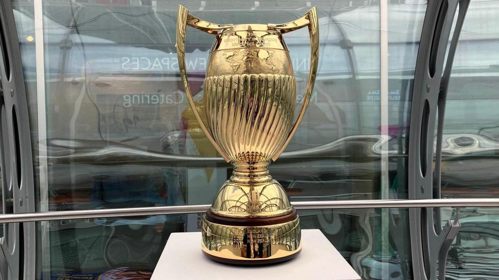 The Women's Rugby World Cup trophy at the top of Brighton i360.