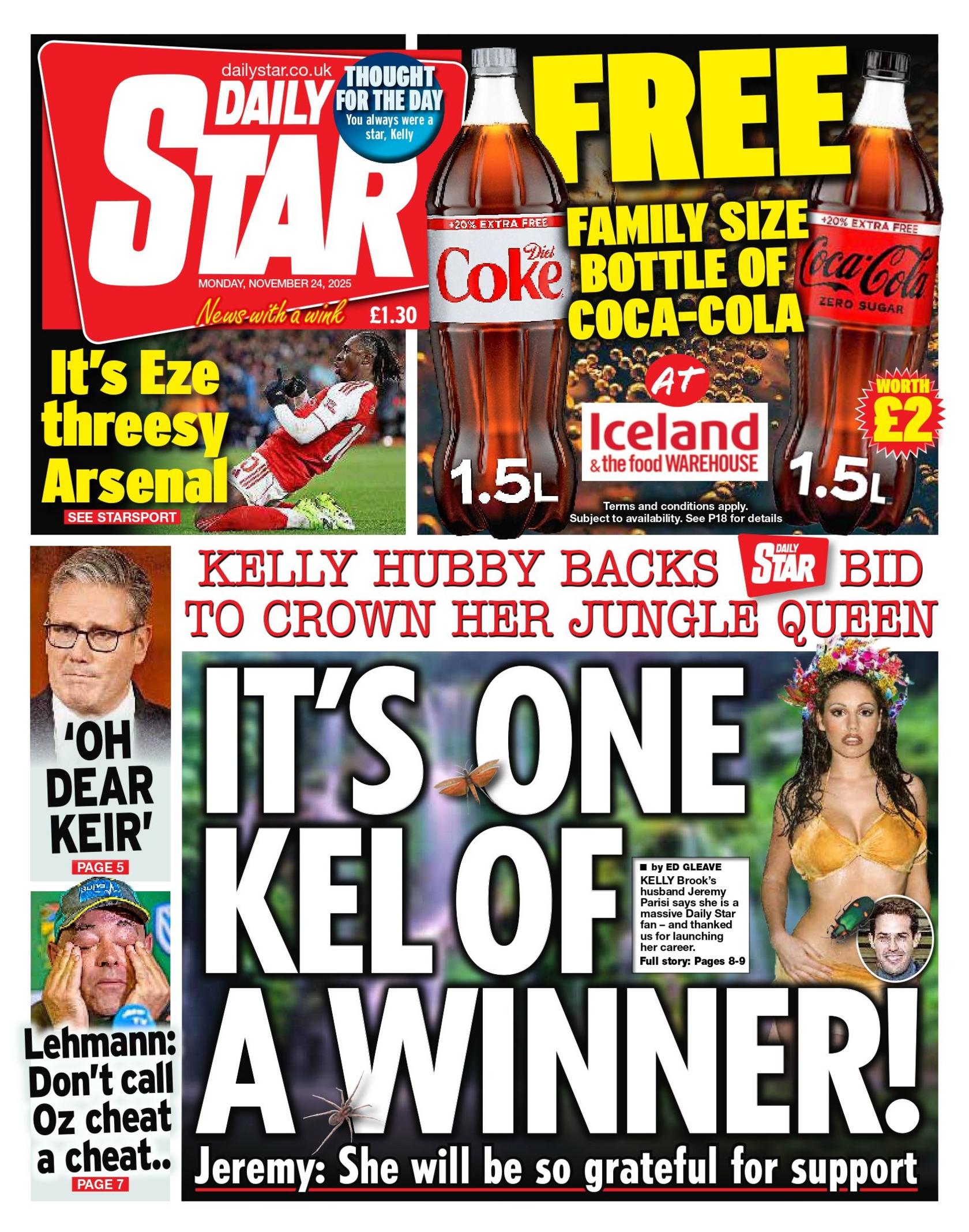 "It's one Kel of a winner," reads the headline on the front page of the Daily Star.