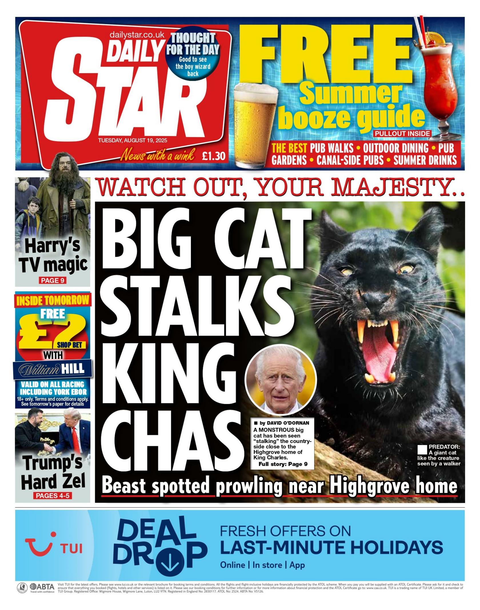 The Daily Star headlines "Big cat stalks King Chas"