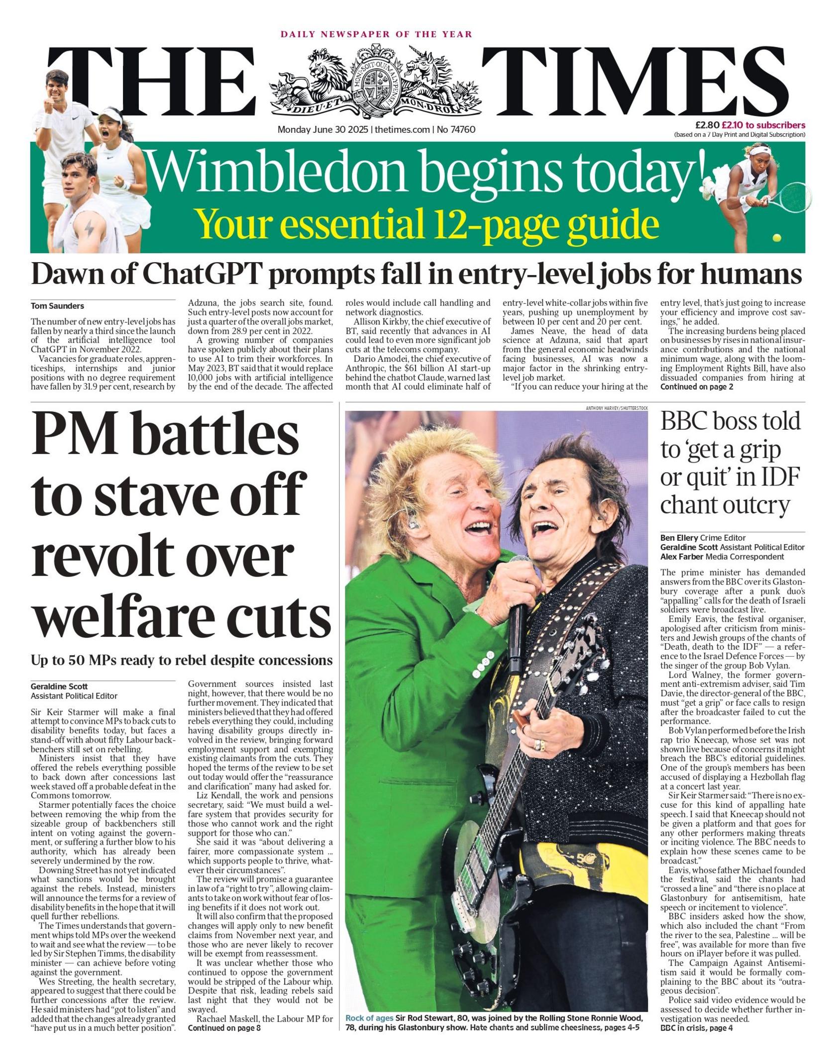"PM battles to stave off revolt over welfare cuts" reads the headline on the front page of The Times.