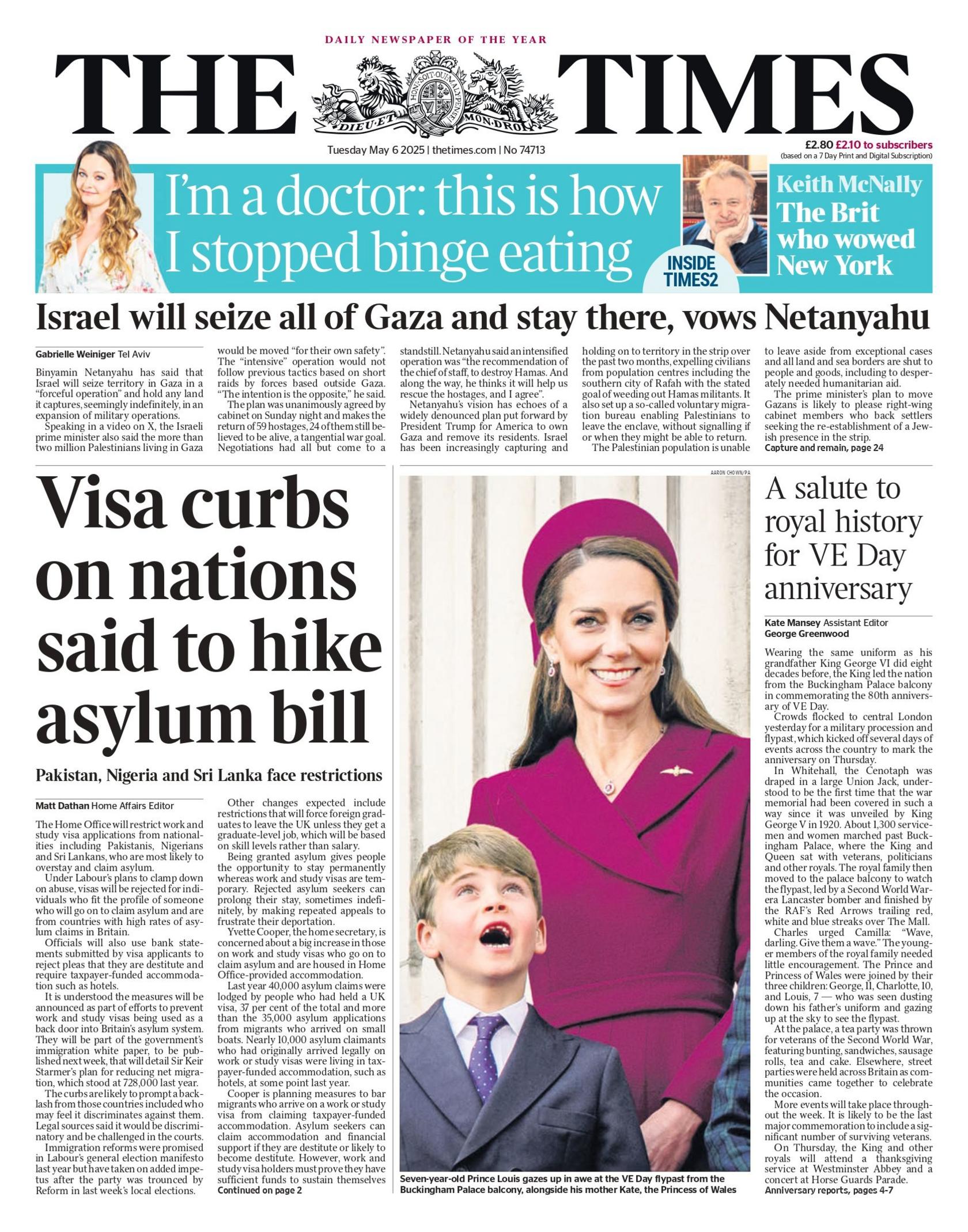 The front page of The Times reads: "Visa curbs on nations said to hike asylum bill."
