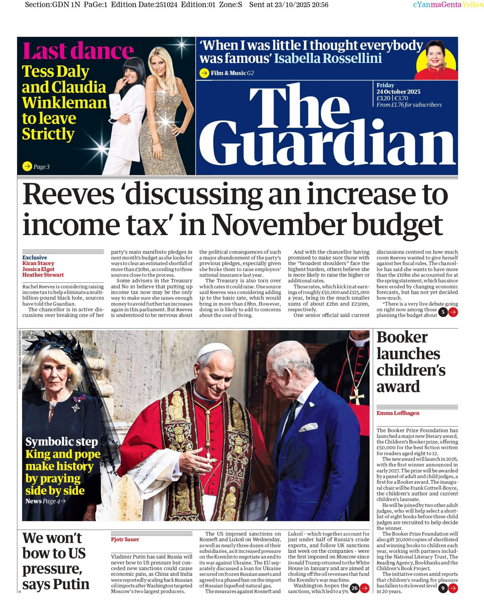 “Reeves ‘duke diskutuar një rritje të taksës mbi të ardhurat’ në buxhetin e nëntorit”, thuhet në titullin kryesor të faqes së parë të gazetës Guardian.