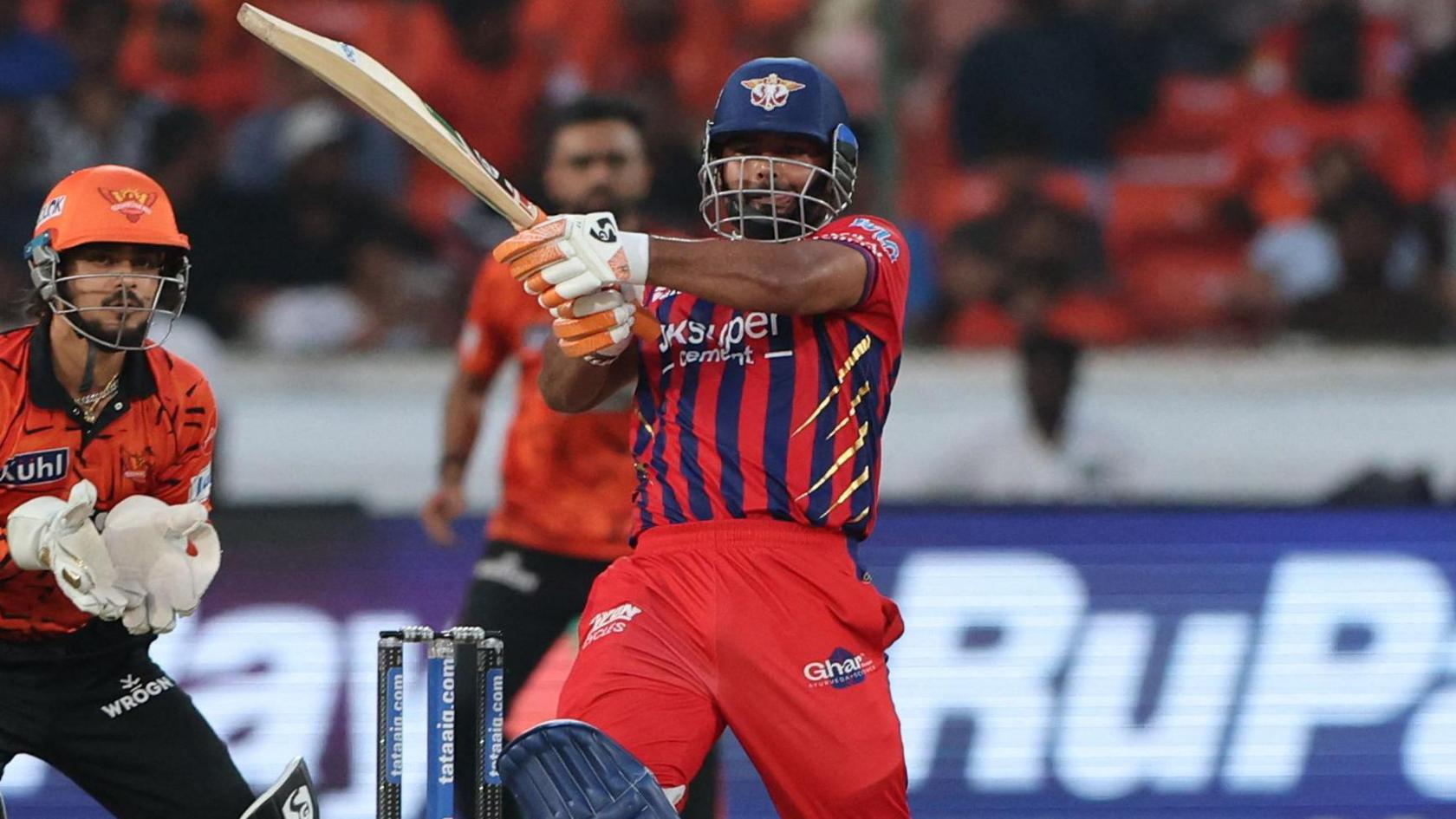 Lucknow Super Giants captain Rishabh Pant plays an expansive pull shot against Sunrisers Hyderabad