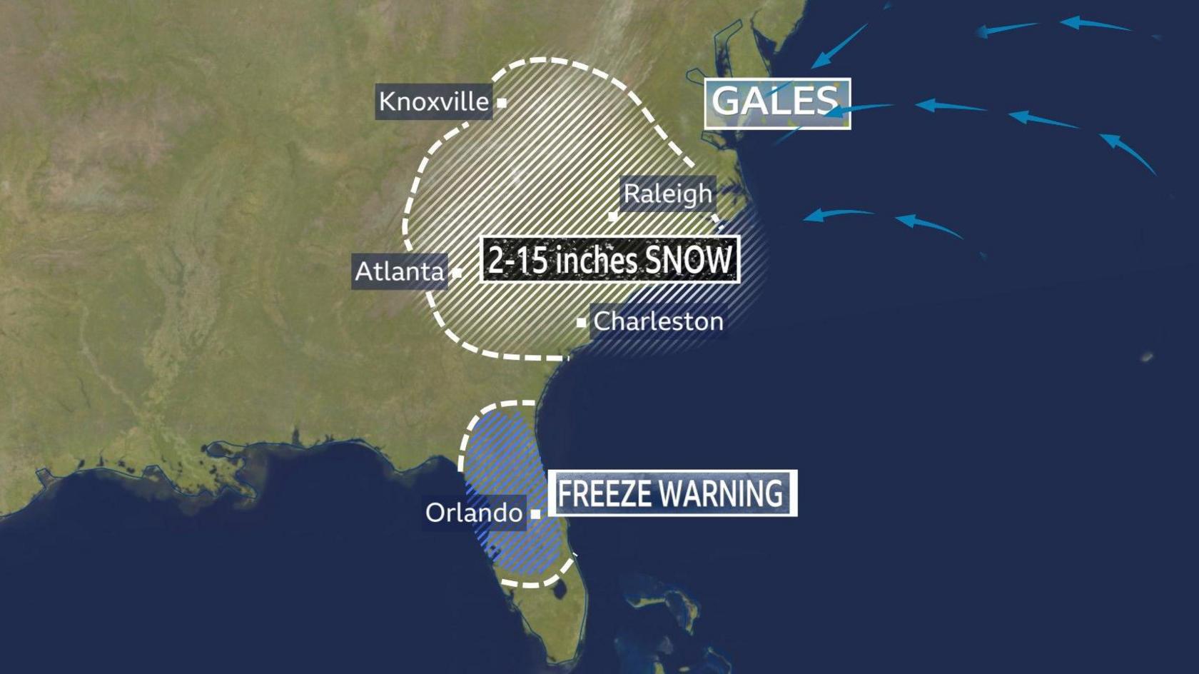 Map of eastern seaboard of USA showing areas likely to see heavy snow, gales and freezing temperatures