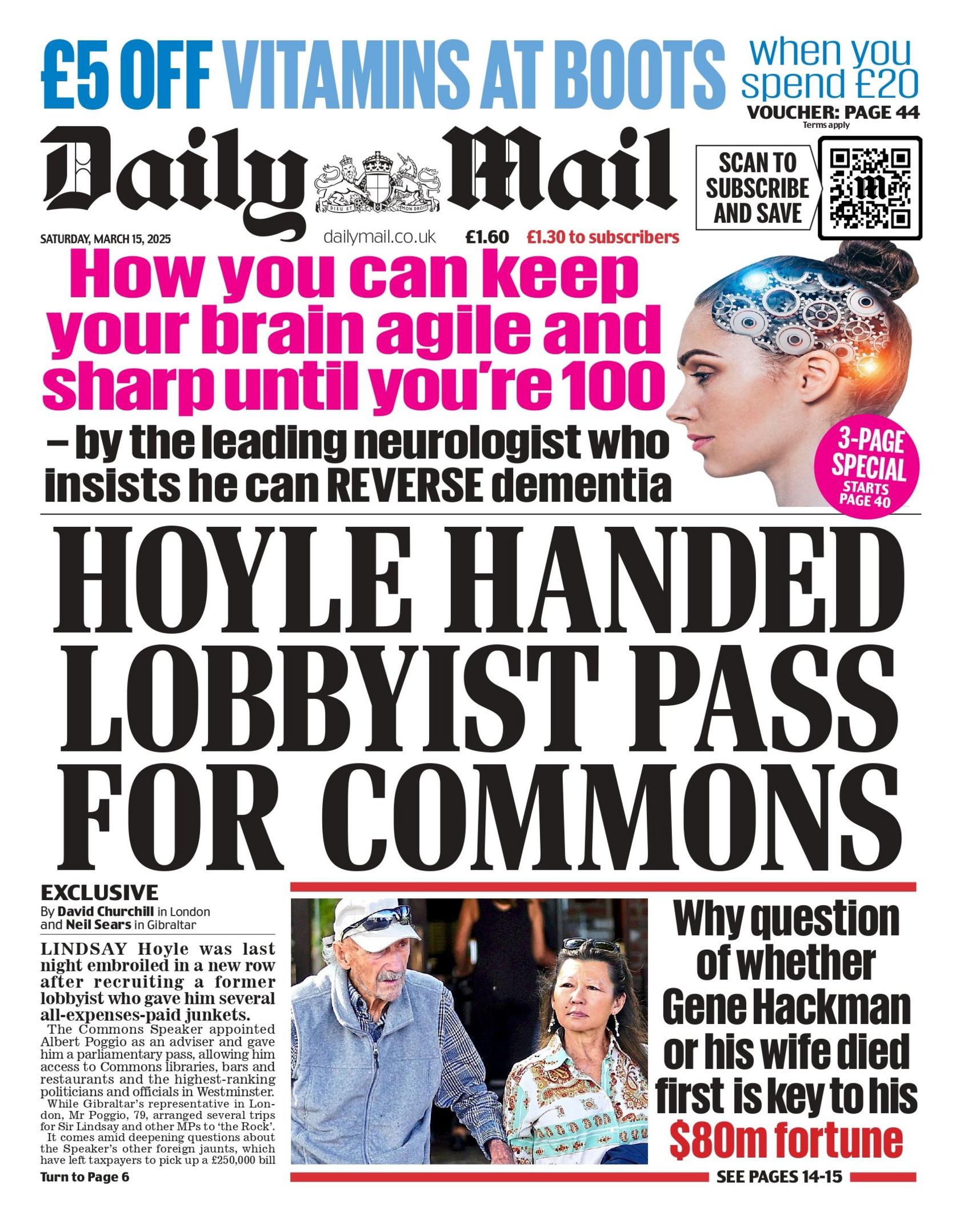 Hoyle handed lobbyist pass for Commons, reads the Daily Mail lead  