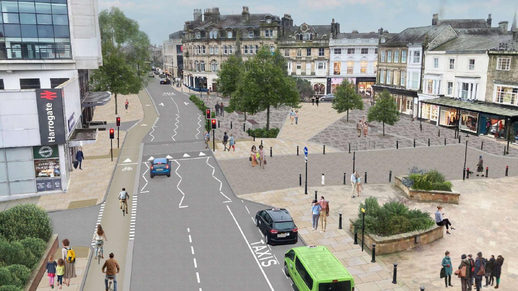 A digitally drawn image of a town centre, from the point of view of above. A road runs through the middle, from the bottom of the image into the distance. To its left is a wide pavement and a high white building, the train station, with glass windows. It has a sign, on its side, reading "Harrogate" with the national railways symbol. To the right of the road is a taxi rank and a pedestrianised square, with groups of people milling about. There are flower beds and trees incorporated into the paved area. There are tall, old-looking buildings with new-looking shops at the ground level around the square. People are using the pavements, cycle lanes and seating areas.