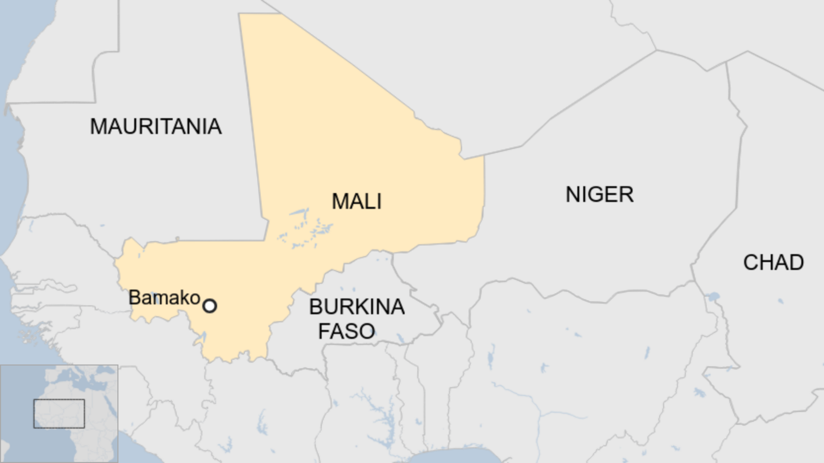 Map of the Sahel countries: Mauritania, Mali, Niger, Burkina Faso and Chad