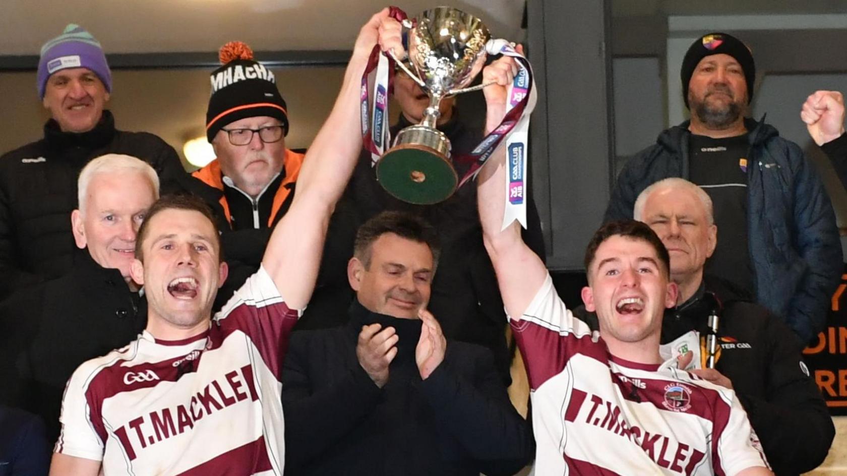 Slaughtneil's Mark McGuigan and Conor McAllister lift the Four Seasons Cup last year