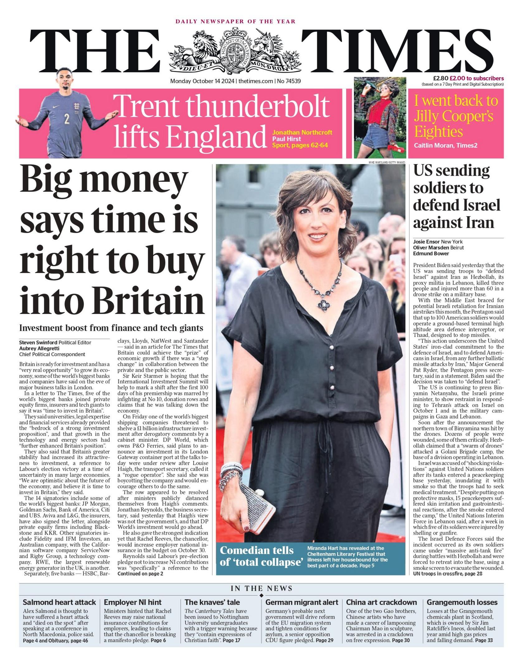 The Times headline reads: "Big money says time is right to buy into Britain". 